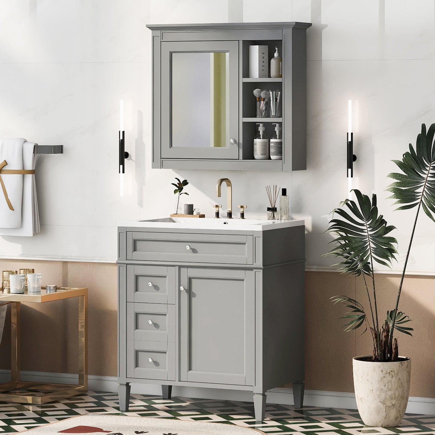 30'' Bathroom Vanity with Top Sink, Modern Bathroom Storage Cabinet with 2 Drawers and a Tip-out Drawer, Freestanding Vanity Set with Mirror Cabinet, Single Sink Bathroom Vanity