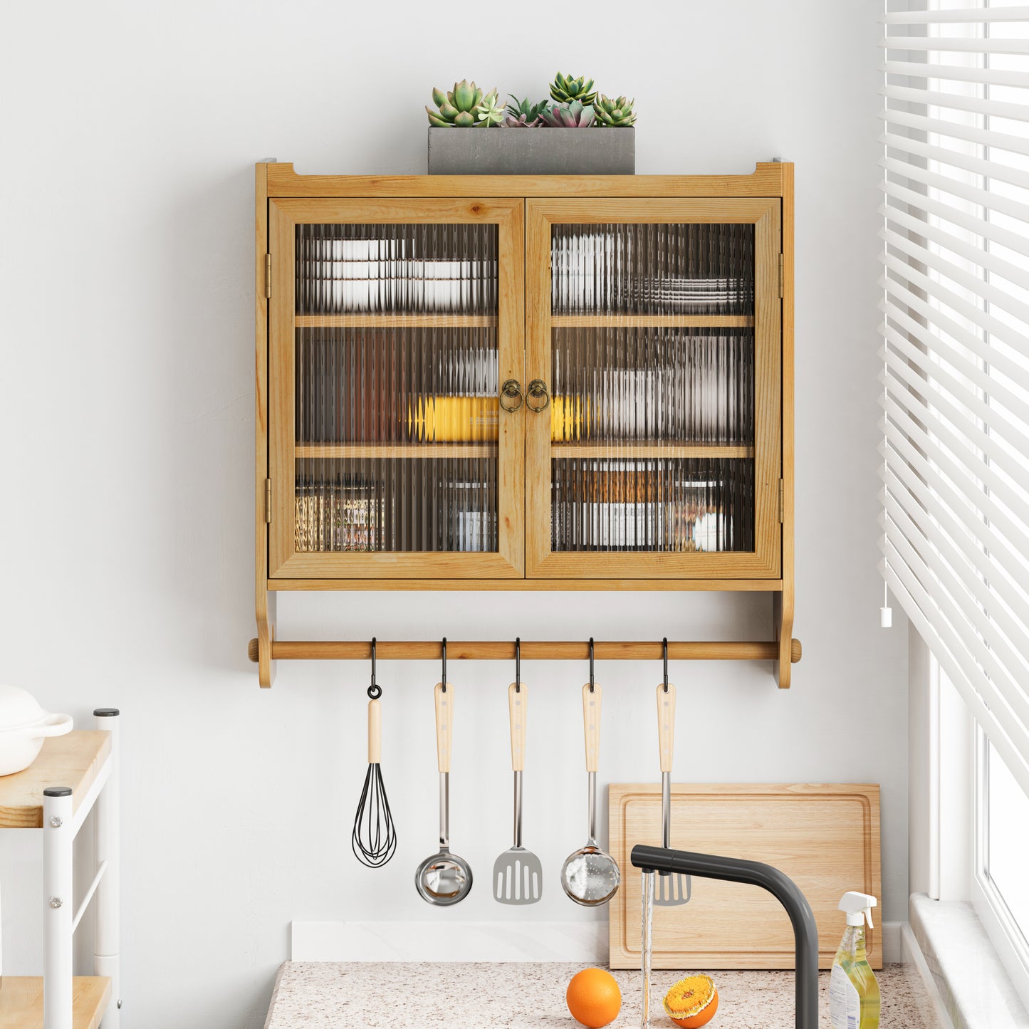 24.8''Glass Door Vintage Double Door Wall Cabinet With Three Tiers of Storage With Towel Rack,for Bathroom, Kitchen,,Dining Room,,Original Wood Color