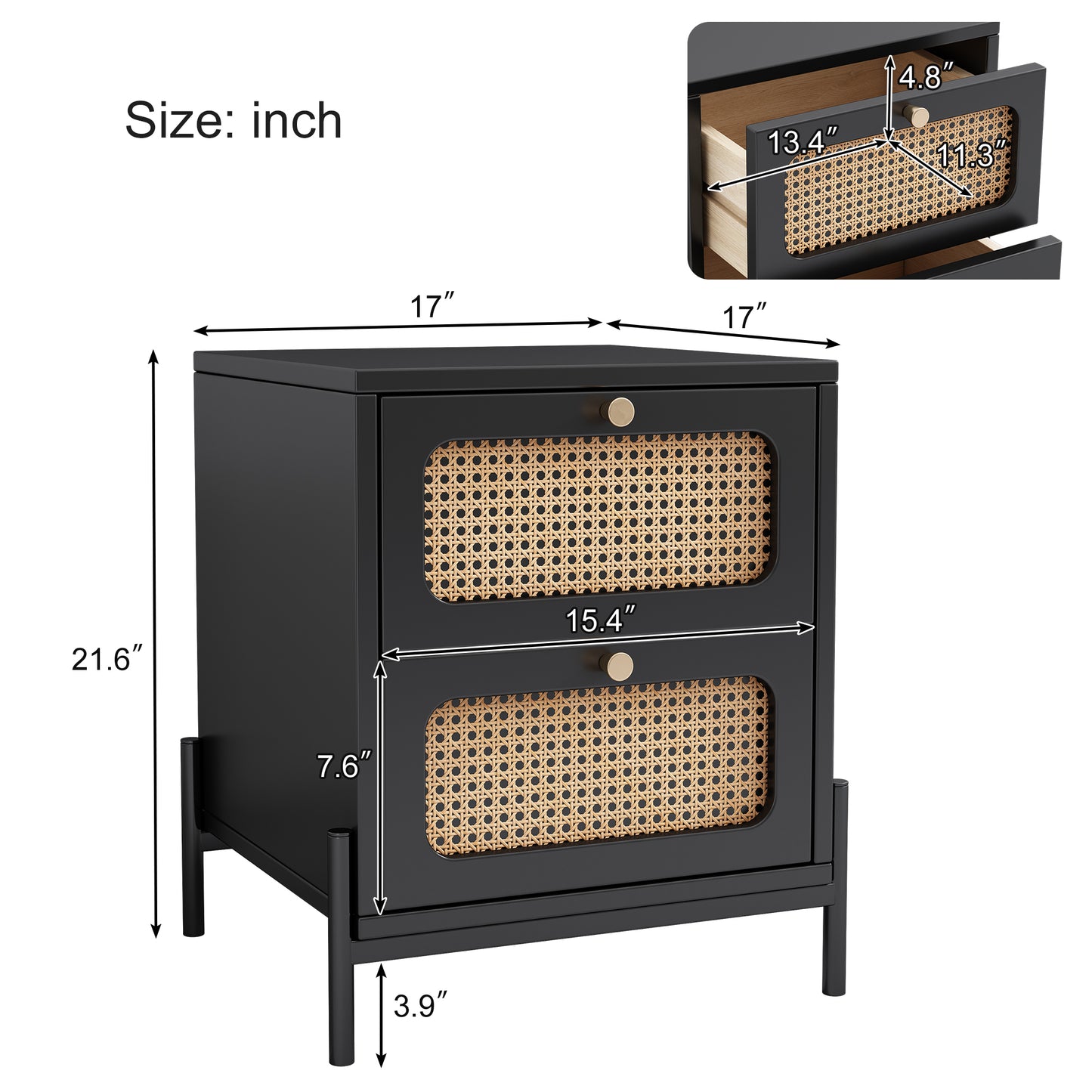 4 Pieces Modern Cannage Rattan Platform Queen Bed + Nightstand*2+ Dresser, Black