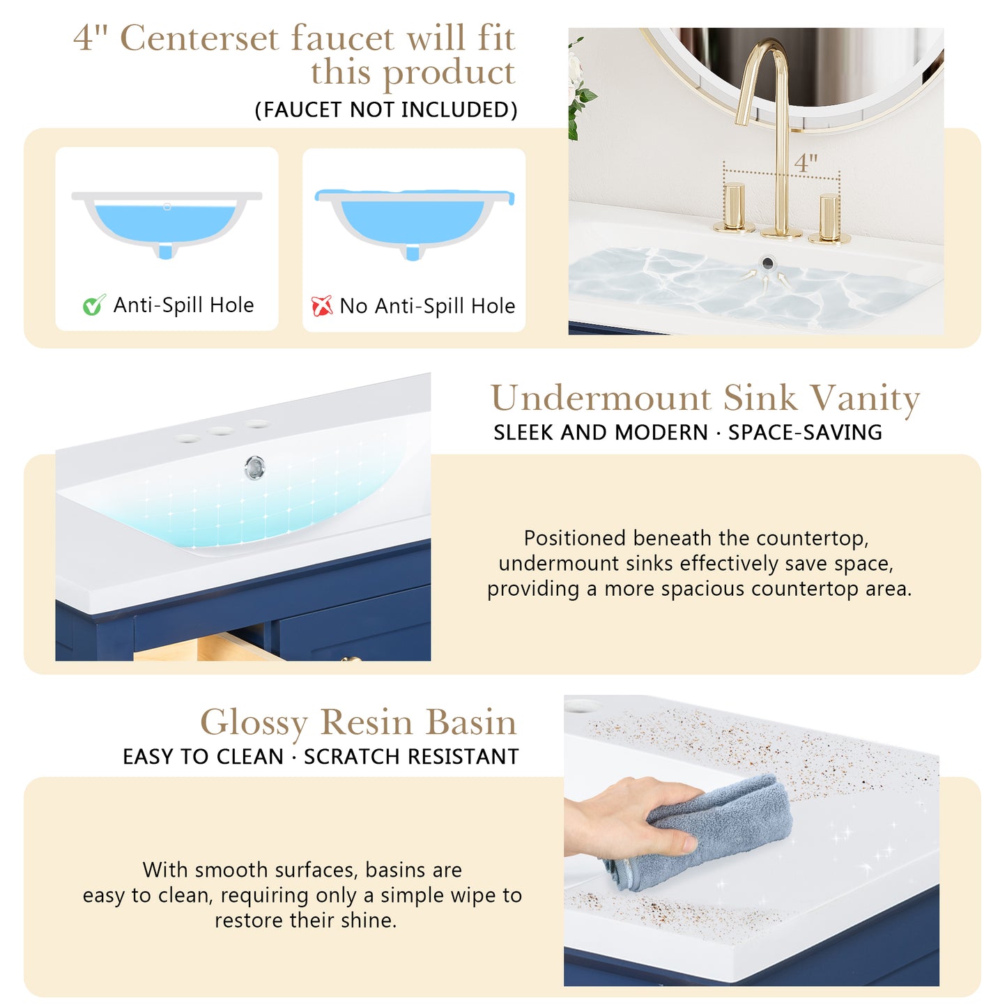 36'' Bathroon Vanity with Resin Sink Combo Set, Modern Freestanding Single Bathroom Cabinet with 6 Drawers & 2 Cabinets, Storage Cabinet for Bathroom, Solid Wood Frame Vanity Set, Blue