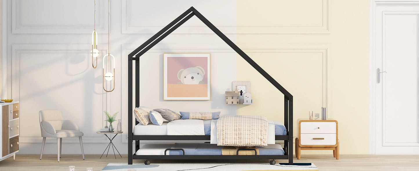 Metal House Bed With Trundle, Twin Size House Bed Black