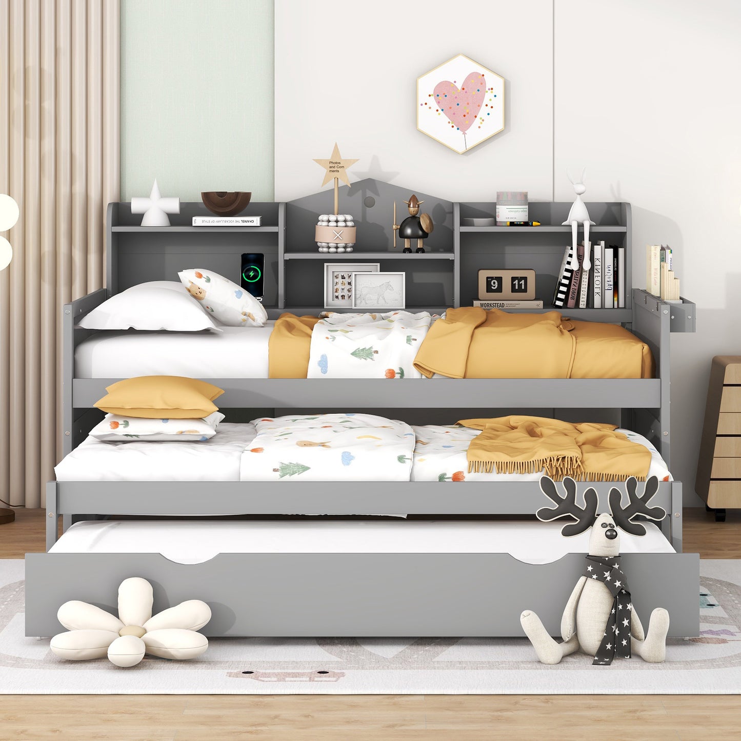 Twin XL Wooden Daybed with 2 Twin Trundles and Storage Shelf, Daybed with USB Charging Ports, No Box-spring Needed, Gray