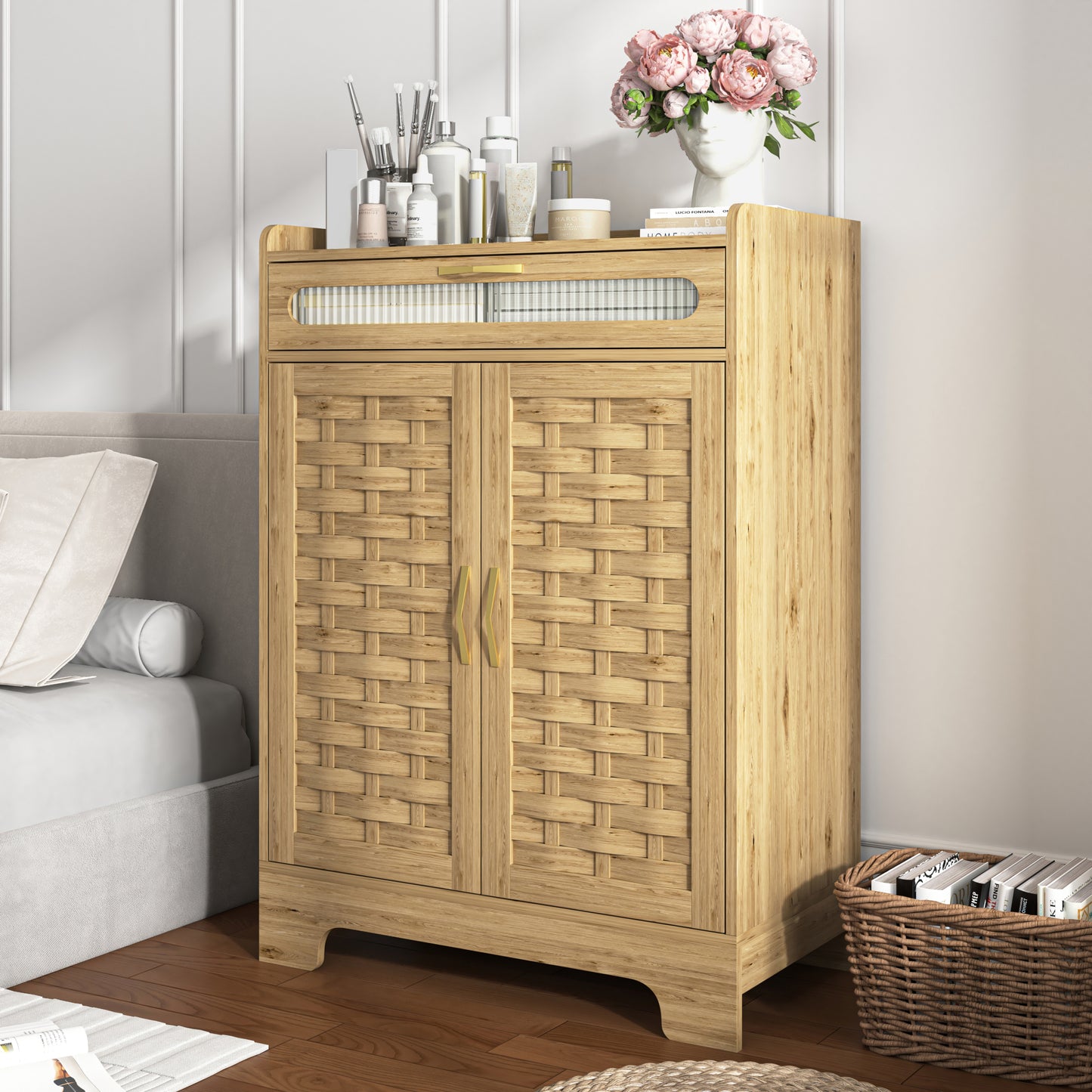 Coffee Bar Cabinet, Modern Farmhouse Buffet Sideboard
with Drawer and Adjustable Shelf, Barn Door Storage Cabinet for Kitchen, Dining Room, Bathroom, Entryway