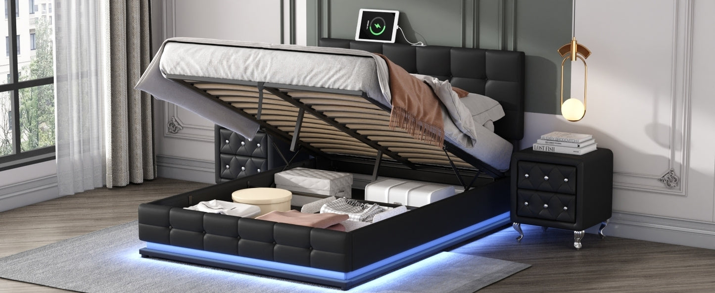 3-Pieces Bedroom Sets,Queen Size Upholstered Bed with LED Lights,Hydraulic Storage System and USB Charging Station, Two Nightstands with Crystal Decoration,Black