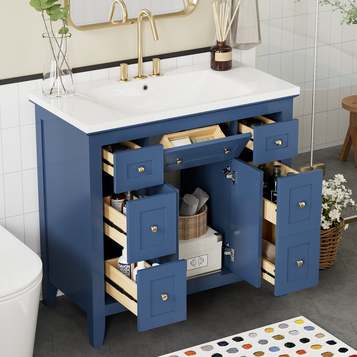 36'' Bathroon Vanity with Resin Sink Combo Set, Modern Freestanding Single Bathroom Cabinet with 6 Drawers & 2 Cabinets, Storage Cabinet for Bathroom, Solid Wood Frame Vanity Set, Blue