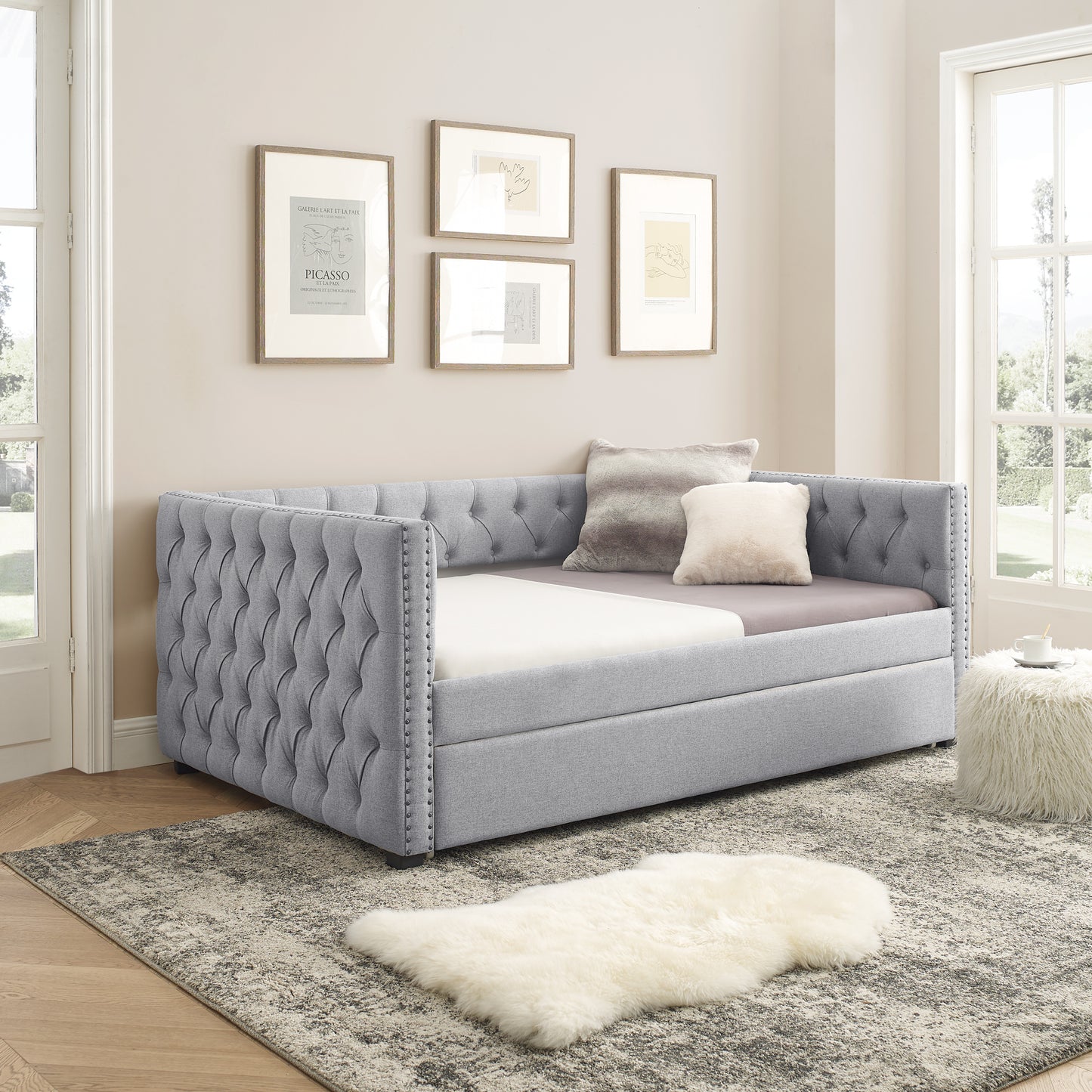Daybed with Trundle Upholstered Tufted Sofa Bed, with Button and Copper Nail on Square Arms,Full Daybed & Twin Trundle, Grey(85"x57"x31.5")