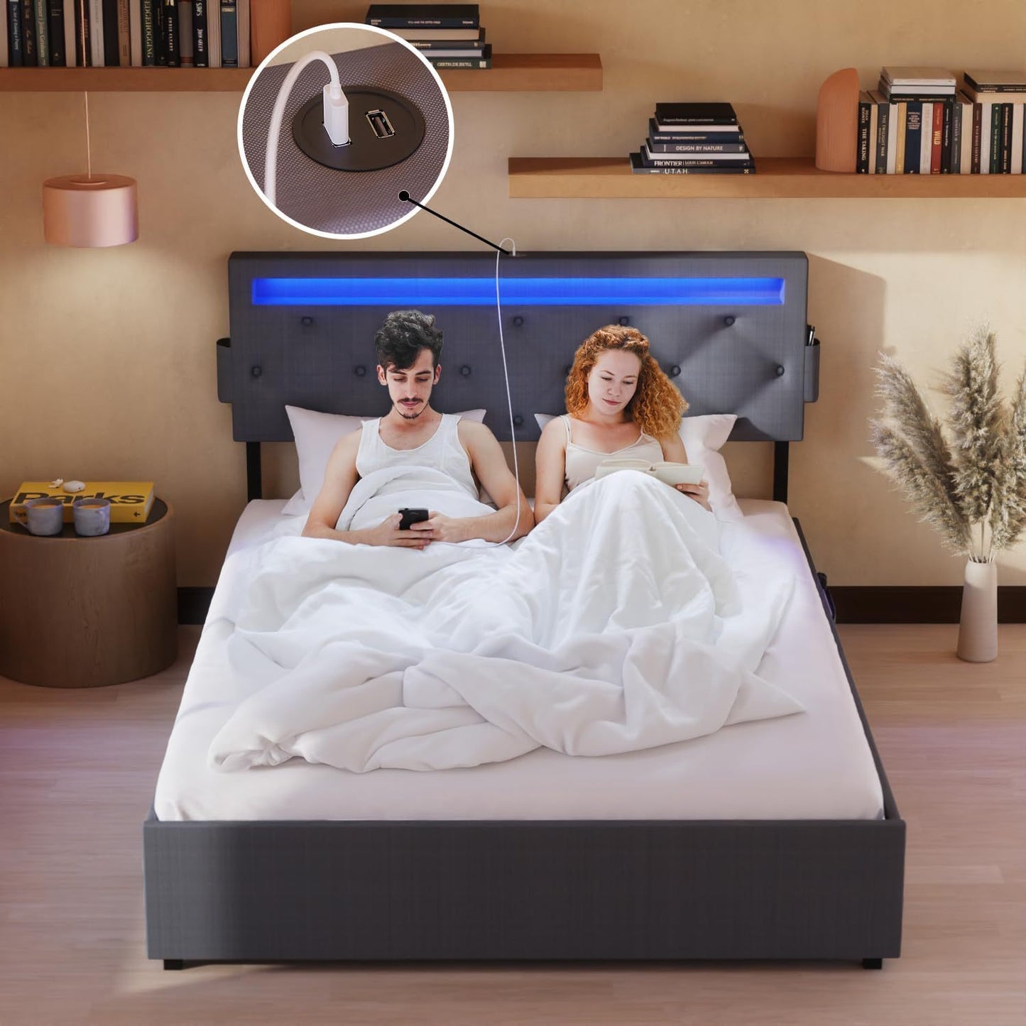 Queen Bed Frame with USB Charging Station & LED Lights, Queen Bed Frame with Headboard & 4 Storage Drawers, D