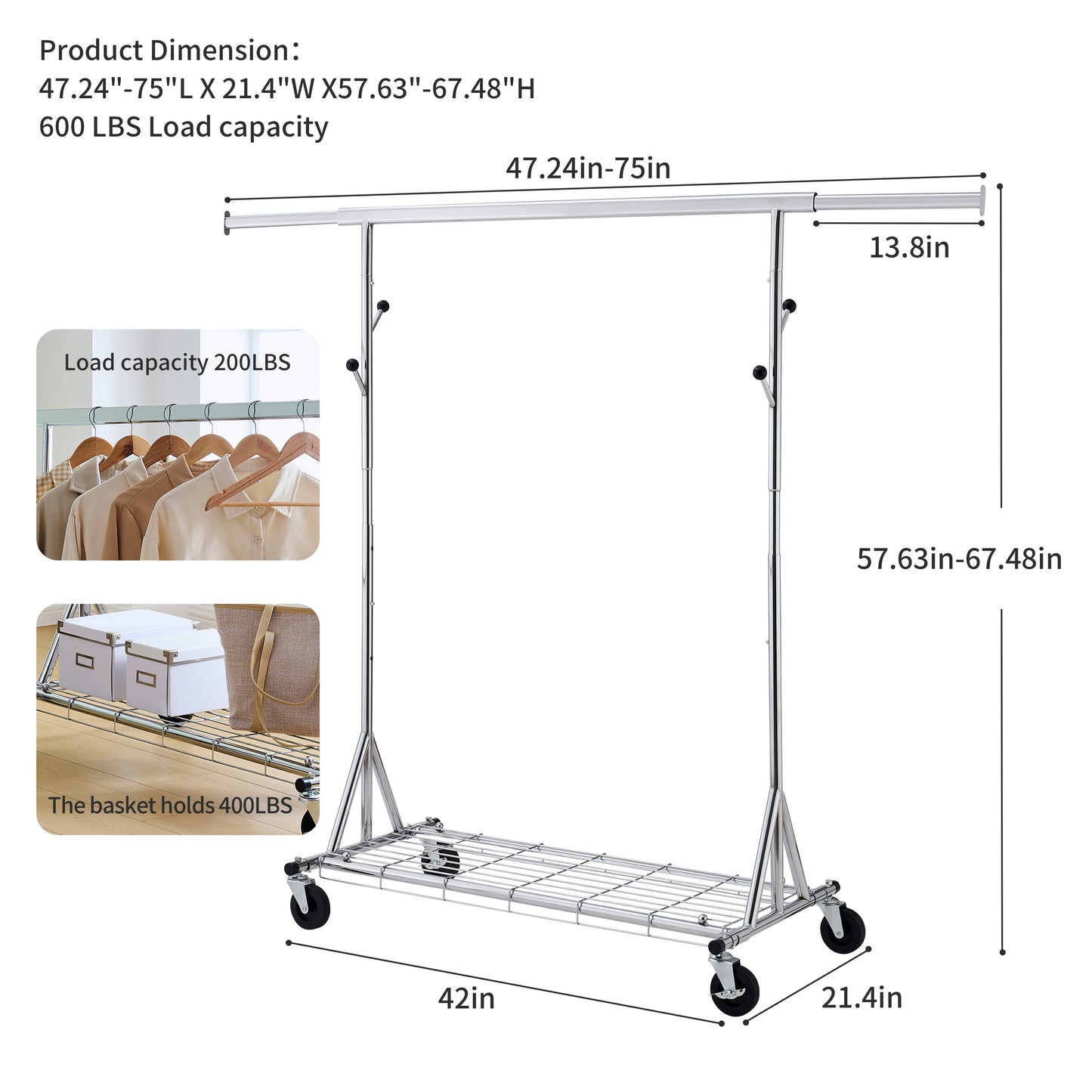 Clothes Rack Heavy Duty Clothing Rack 600LBS Rolling Clothes Racks for Hanging Clothes, Commercial Garment Rack Heavy Duty Clothes Rack Collapsible & Portable Clothing Rack with Wheels