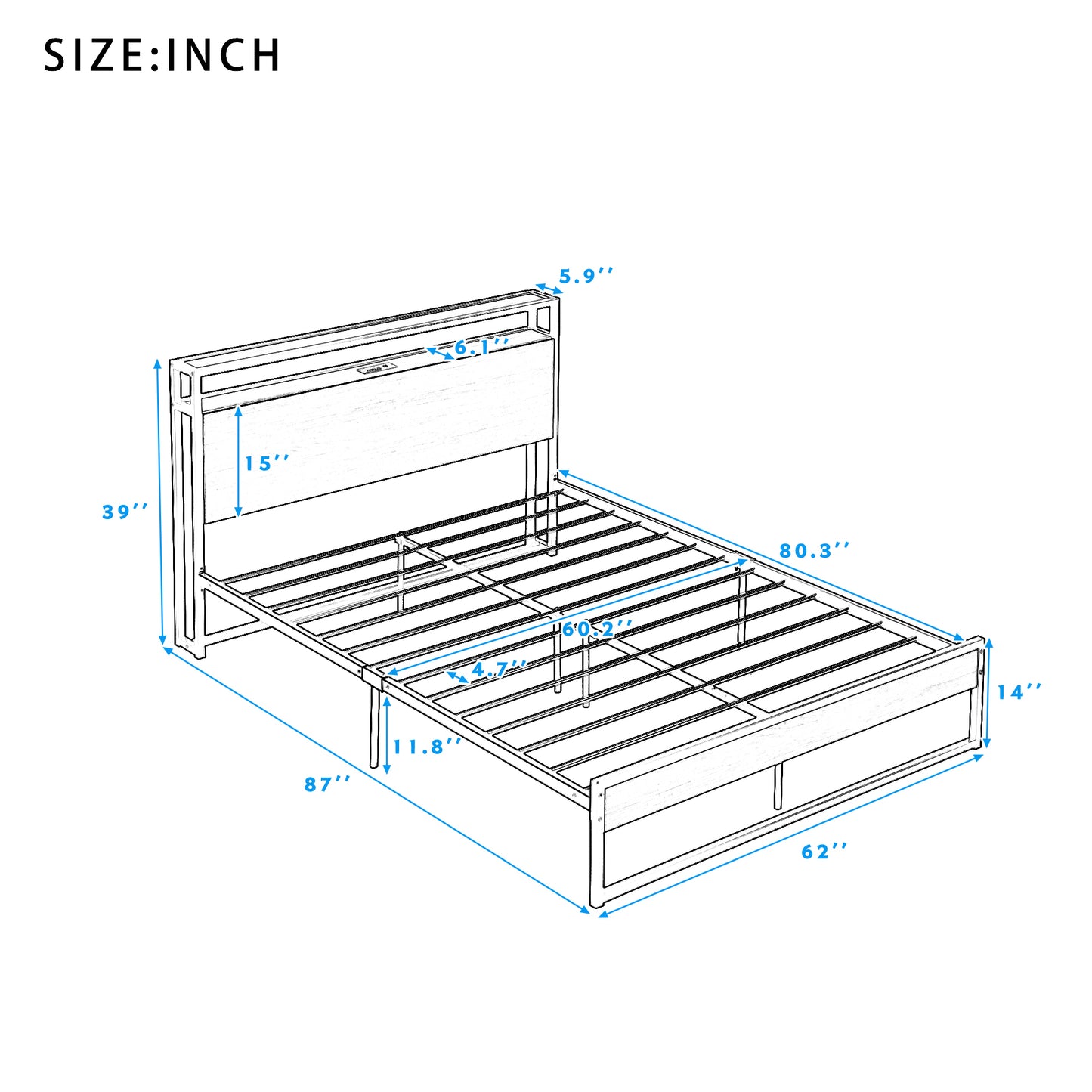 Queen Size Metal Platform Bed Frame with Sockets, USB Ports and Slat Support ,No Box Spring Needed White