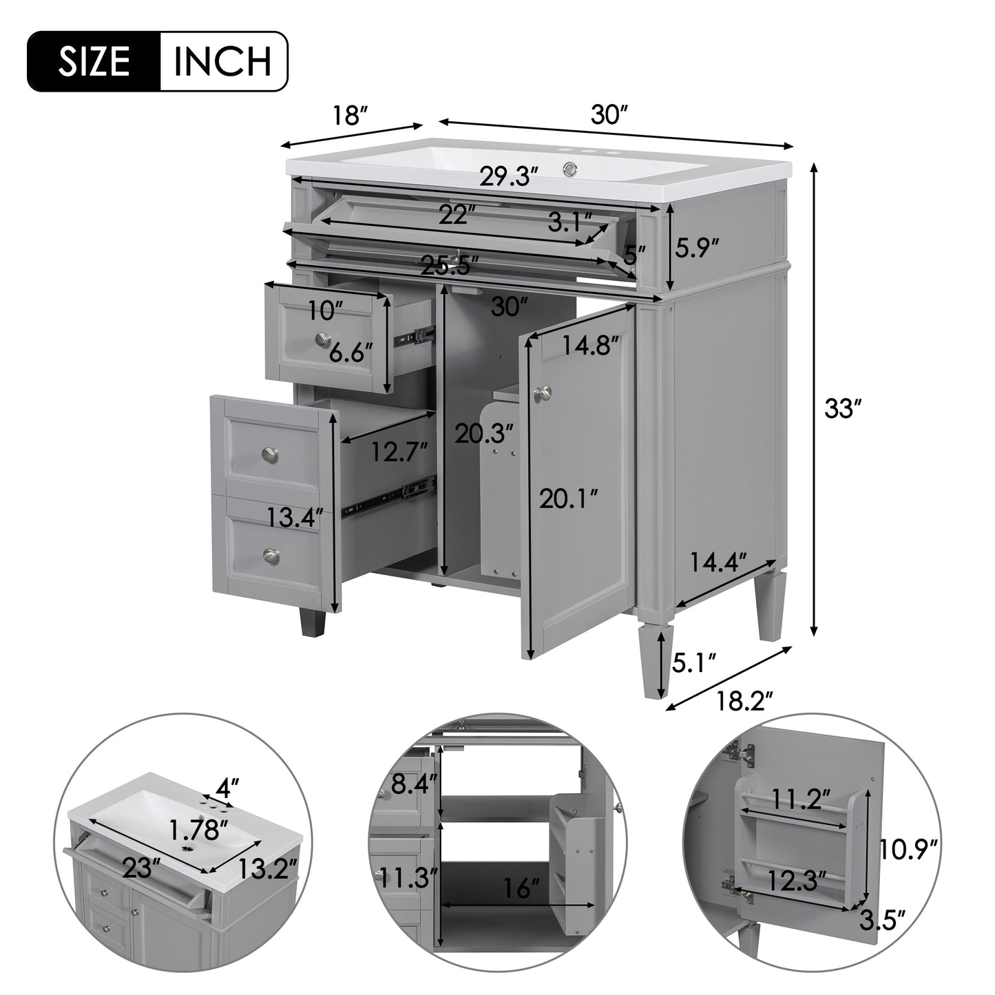 30'' Bathroom Vanity with Top Sink, Modern Bathroom Storage Cabinet with 2 Drawers and a Tip-out Drawer, Freestanding Vanity Set with Mirror Cabinet, Single Sink Bathroom Vanity