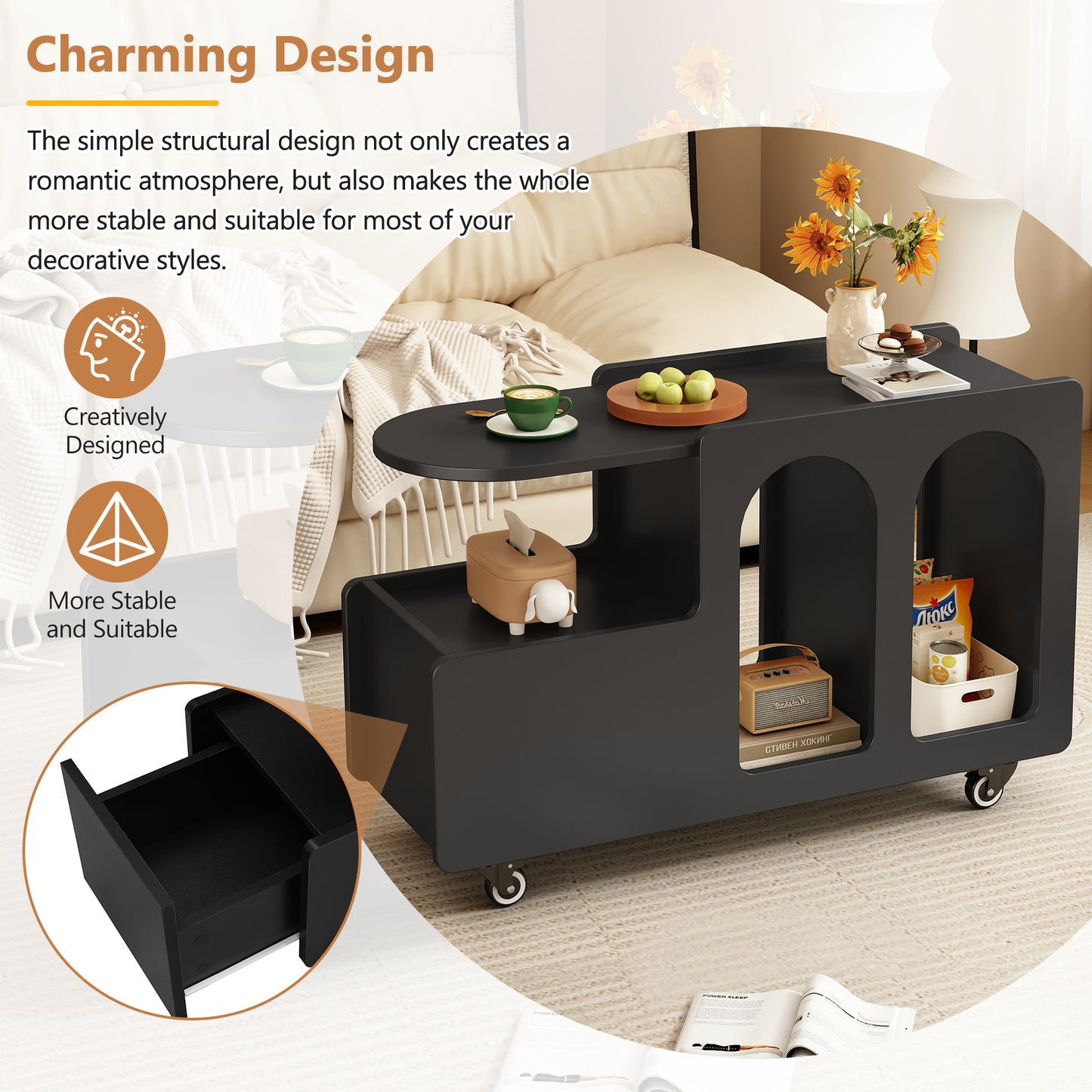 ON-TREND Mobile End Table with lockable wheels, Cream Style Side Table with Storage Drawer, 11.8inch Narrow Nightstand with Multi-layer Storage, Living Room, Black