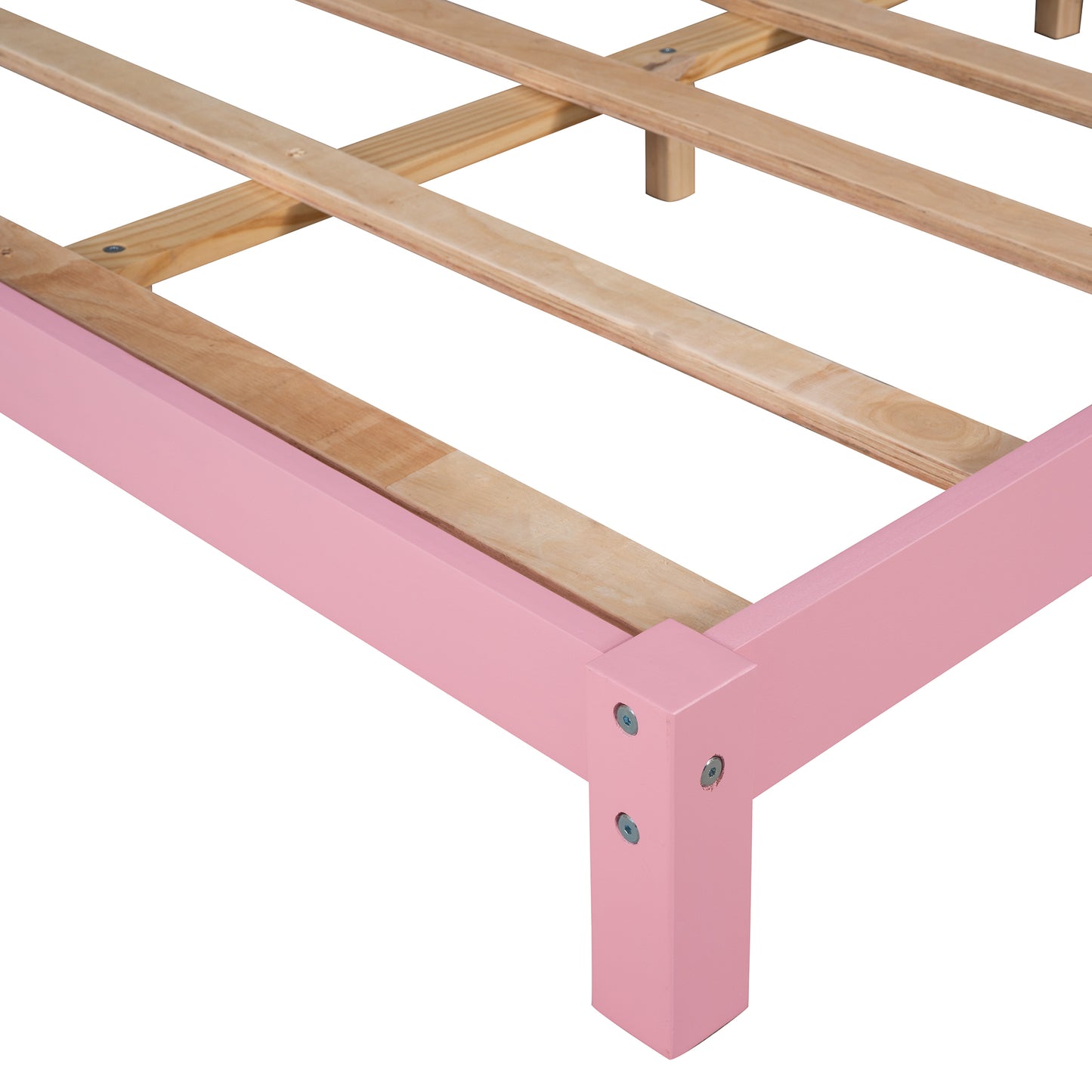 Full Size Wood Platform Bed with House-shaped Headboard (Pink)