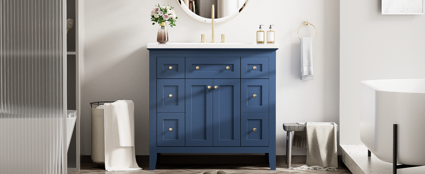 36'' Bathroon Vanity with Resin Sink Combo Set, Modern Freestanding Single Bathroom Cabinet with 6 Drawers & 2 Cabinets, Storage Cabinet for Bathroom, Solid Wood Frame Vanity Set, Blue