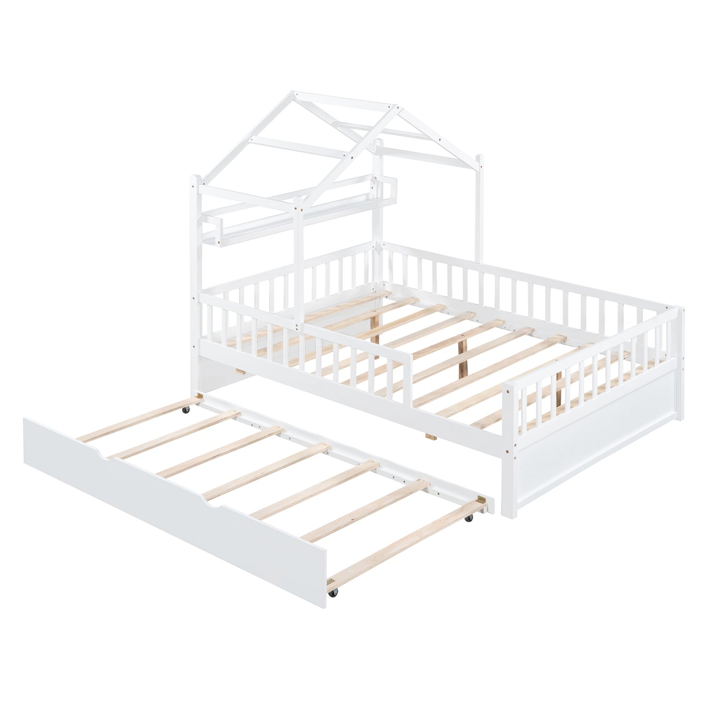Wooden Full Size House Bed with Twin Size Trundle,Kids Bed with Shelf,White