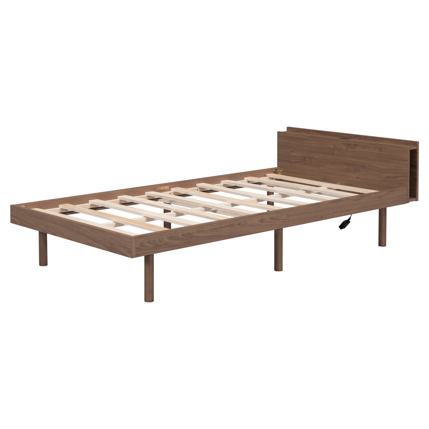 Modern Design Twin Size Platform Bed Frame with Headboard for Walnut Color