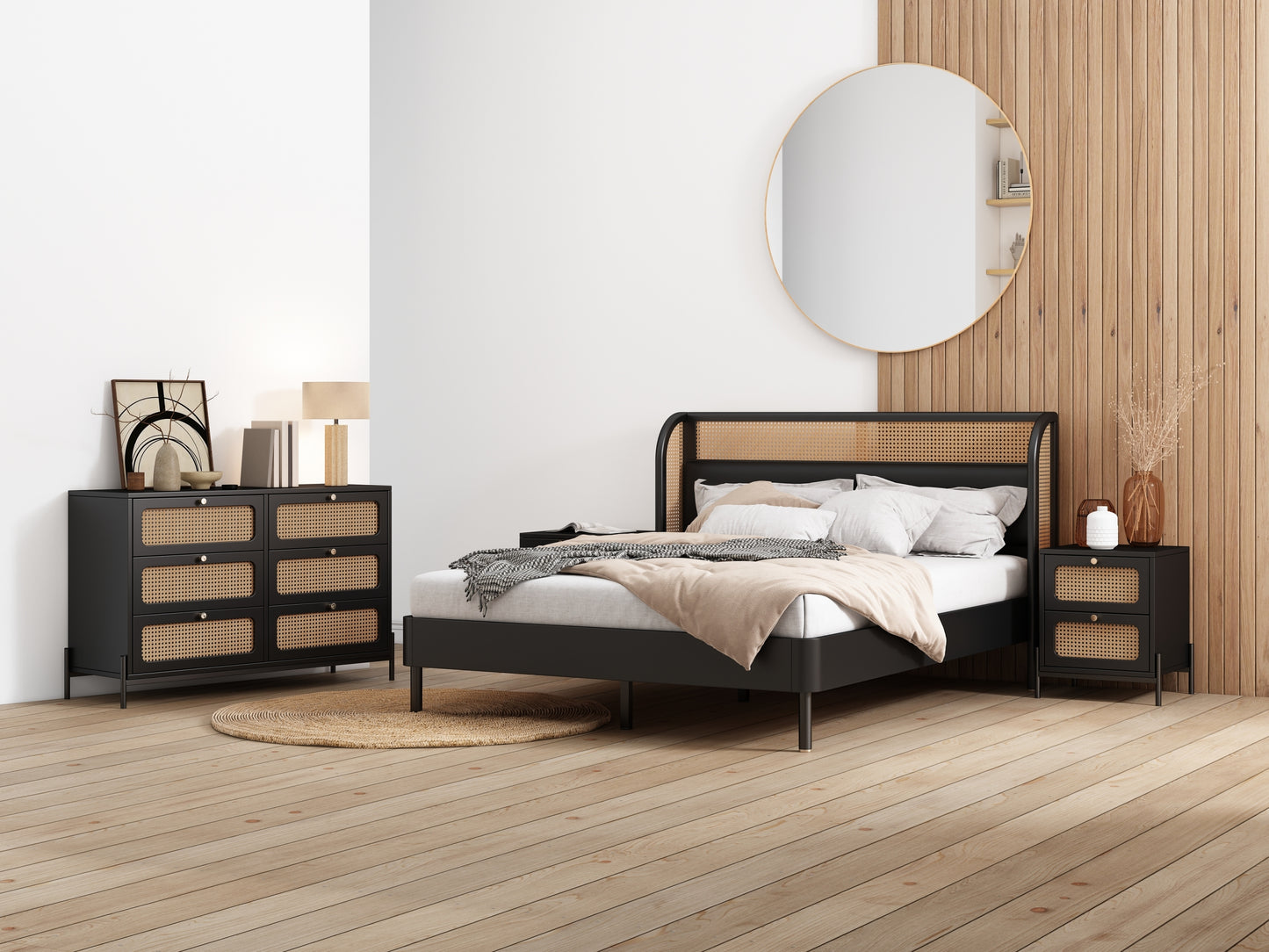 4 Pieces Modern Cannage Rattan Platform Queen Bed + Nightstand*2+ Dresser, Black