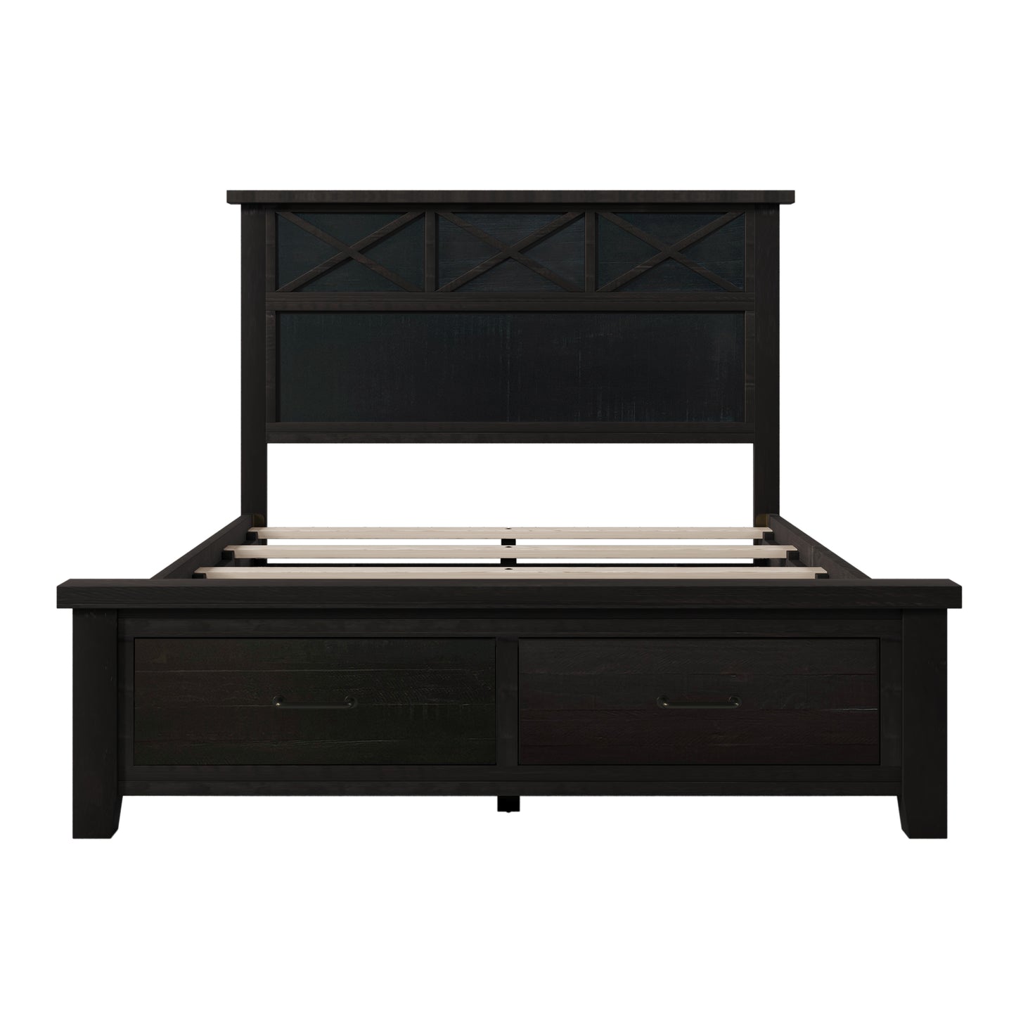 Rustic Farmhouse Style Blackwash Queen Storage Panel Bed with Two Drawers, Coffee