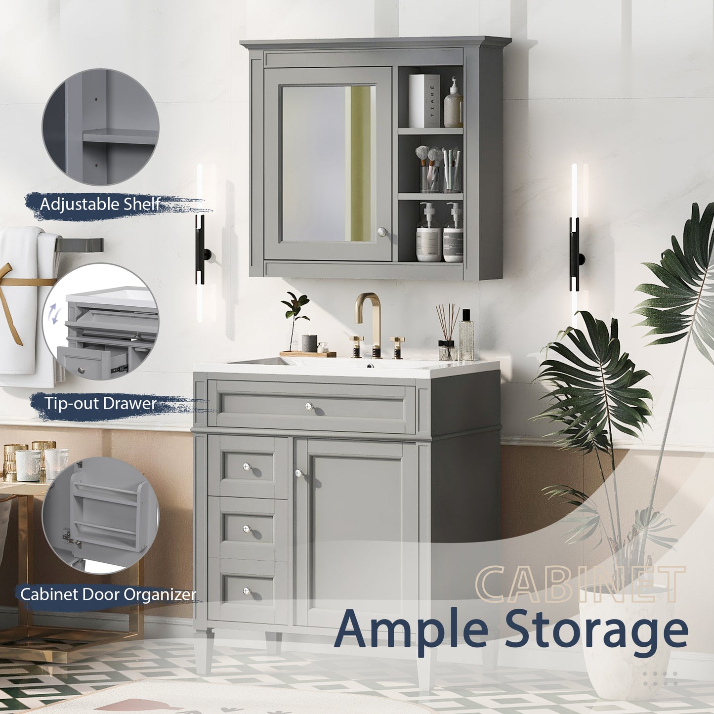 30'' Bathroom Vanity with Top Sink, Modern Bathroom Storage Cabinet with 2 Drawers and a Tip-out Drawer, Freestanding Vanity Set with Mirror Cabinet, Single Sink Bathroom Vanity