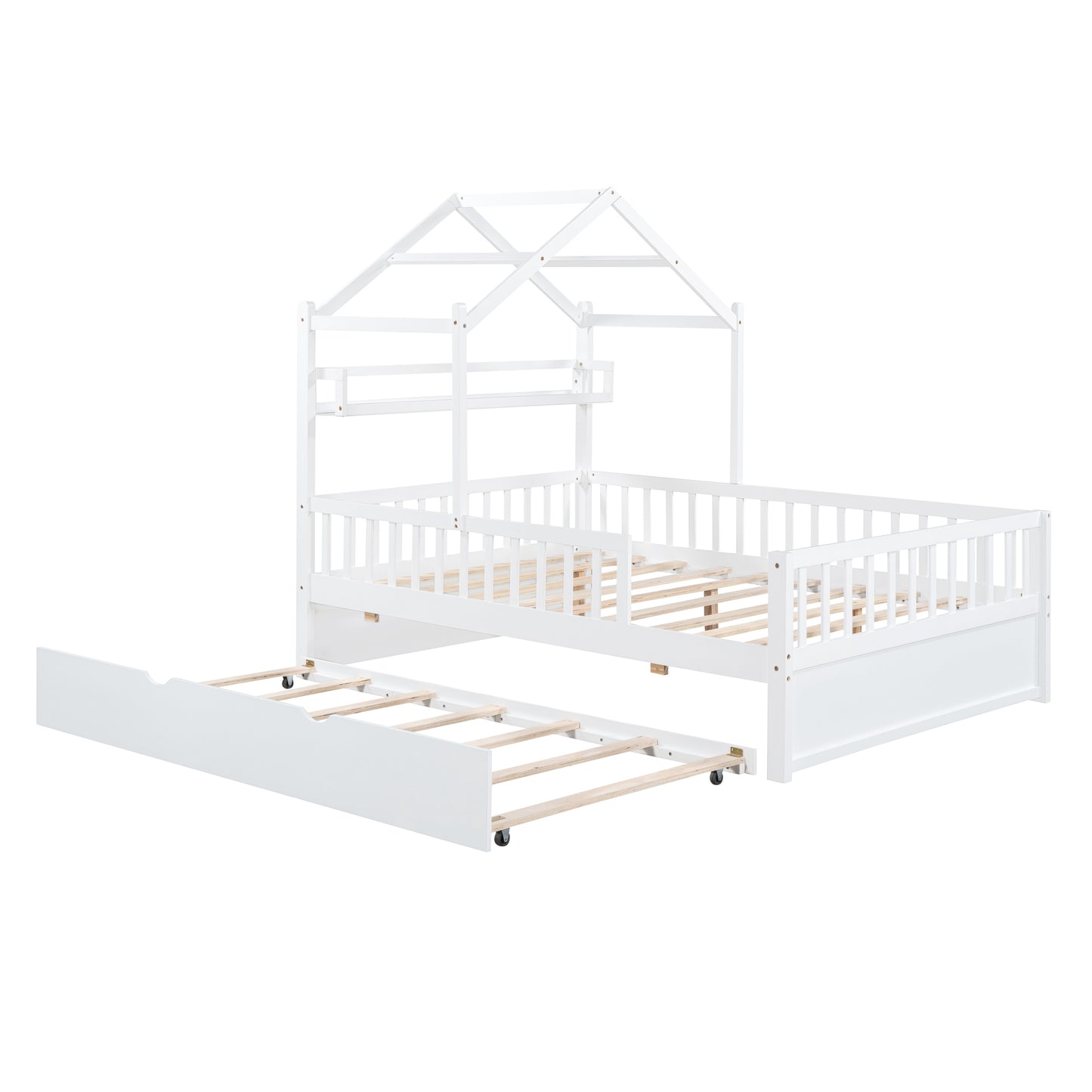 Wooden Full Size House Bed with Twin Size Trundle,Kids Bed with Shelf,White