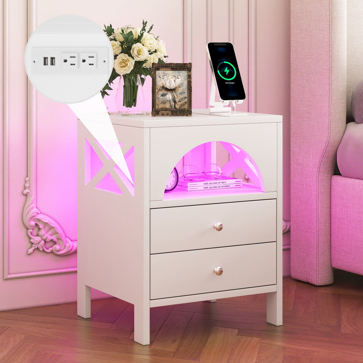 3-Pieces Bedroom Sets,Queen Size Upholstered Bed with LED Lights and Motion Activated Night Lights,Two Nightstands with USB Charging Station and LED lights,White