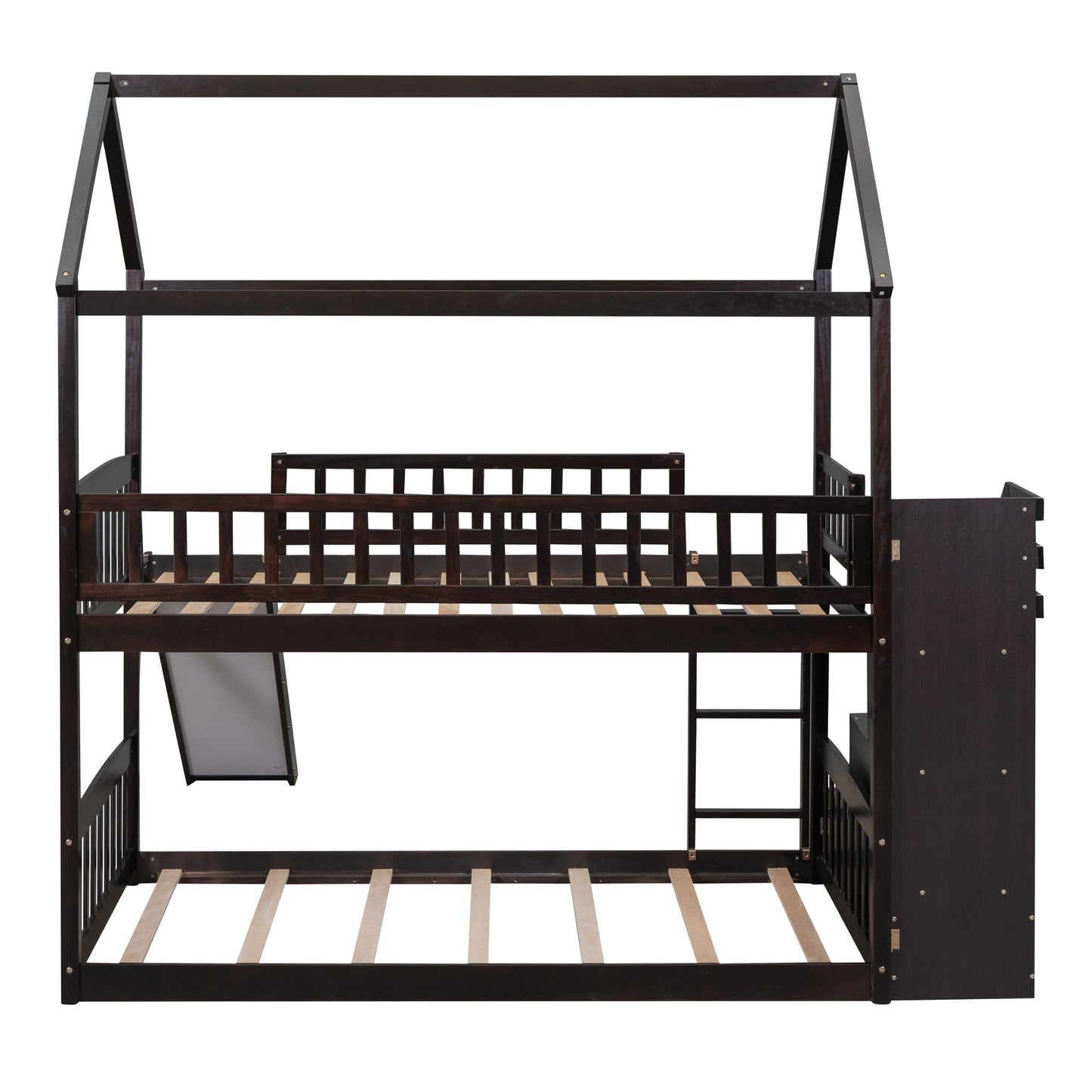 Twin Over Twin Bunk Bed with Drawers and Slide, House Bed with Slide,Espresso(OLD SKU :LT000215AAP)