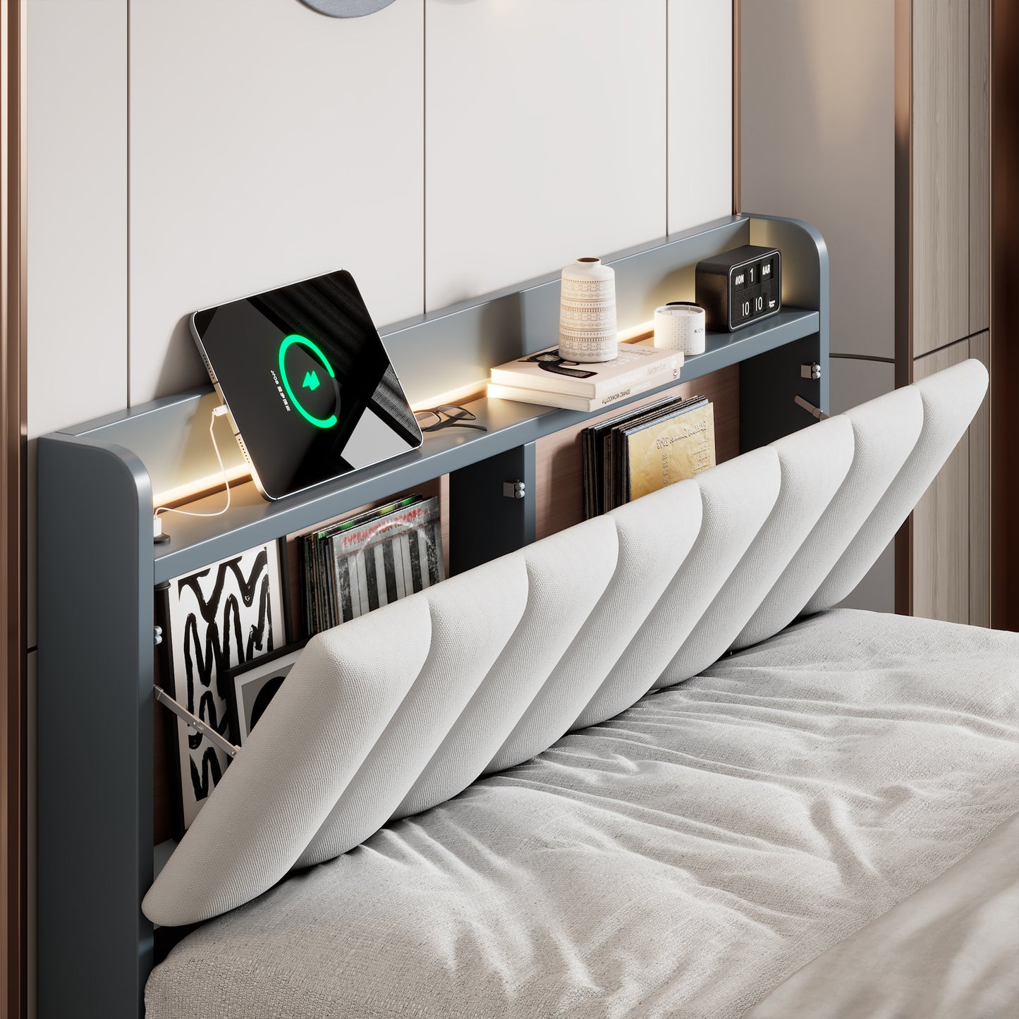 3-Pieces Bedroom Sets,Queen Size Wood Platform Bed and Two Nightstands,Storage Platform bed with USB and LED Lights-Gray+White