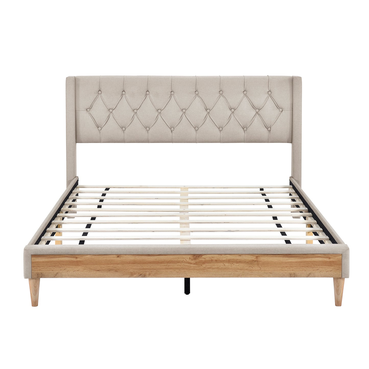 4-Pieces Bedroom Sets Queen Size Upholstered Platform Bed with Two Nightstands and Storage Bench-Beige