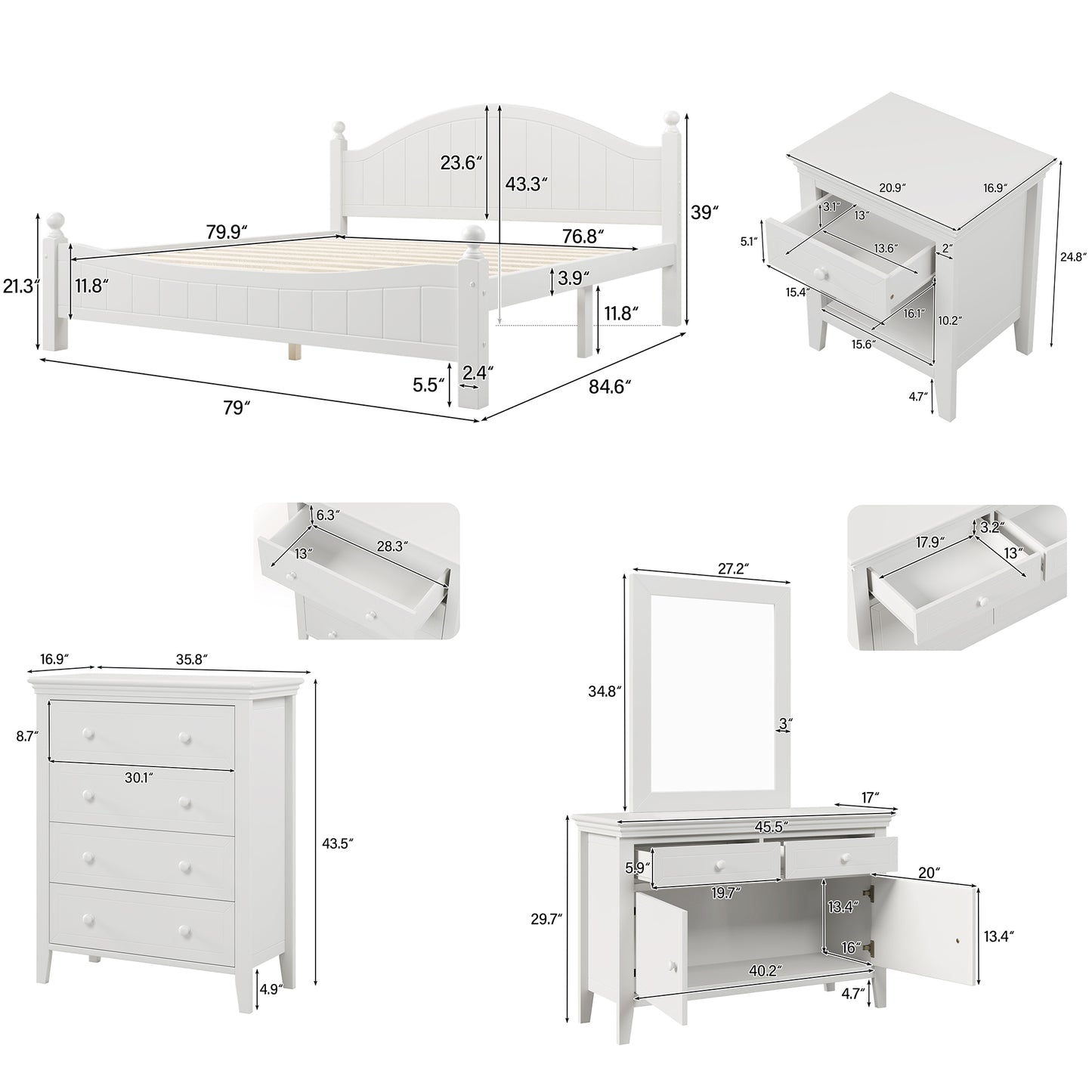 6 Pieces Traditional Concise Style White Bedroom Sets, Nightstand*2+ Chest+ Dresser+ Mirror+ King Bed