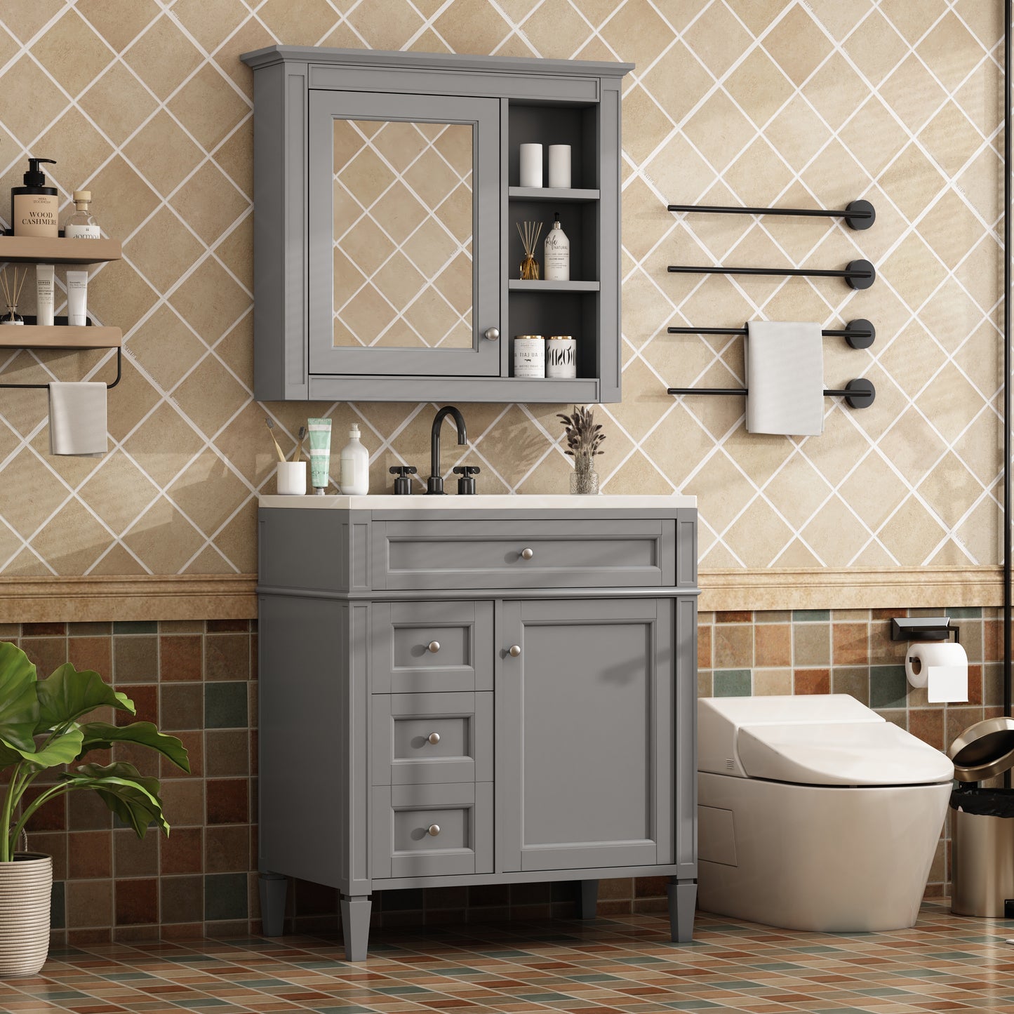 30'' Bathroom Vanity with Top Sink, Modern Bathroom Storage Cabinet with 2 Drawers and a Tip-out Drawer, Freestanding Vanity Set with Mirror Cabinet, Single Sink Bathroom Vanity