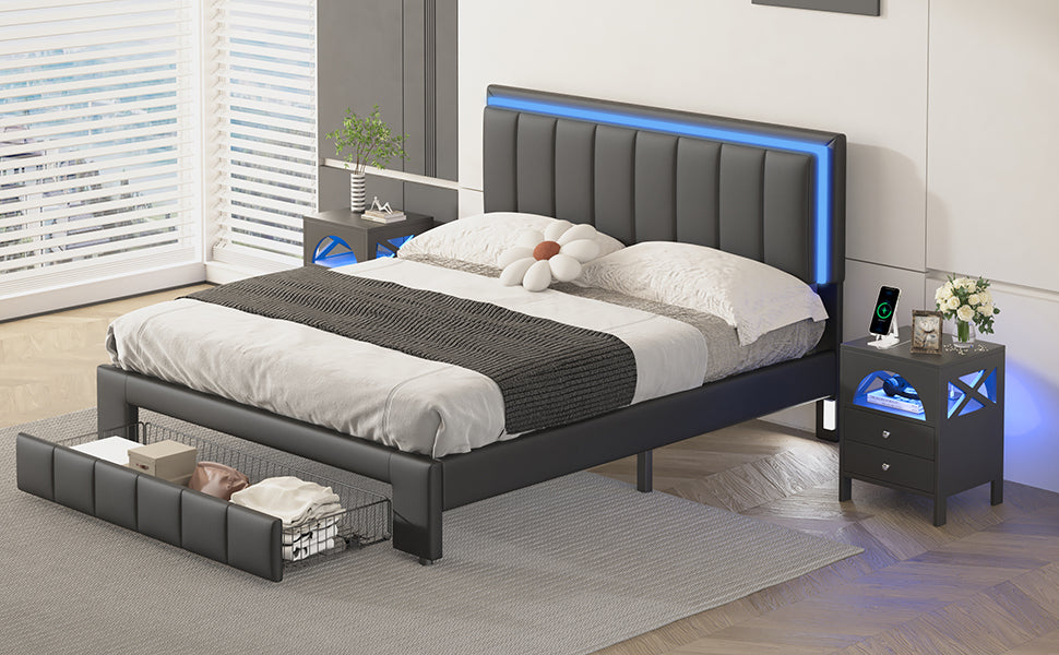 3-Pieces Bedroom Sets,Queen Size Upholstered Bed with LED Lights and Motion Activated Night Lights,Two Nightstands with USB Charging Station and LED lights,Black