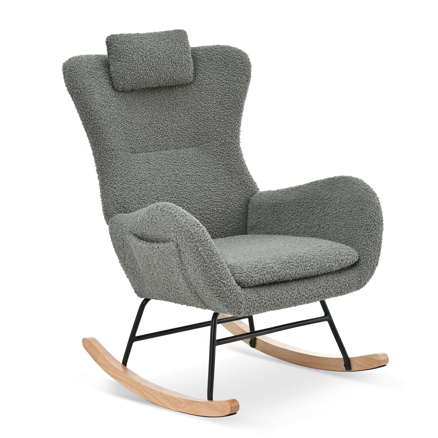 Rocking Chair Nursery, Teddy Upholstered Rocker Glider Chair with High Backrest, Adjustable Headrest & Pocket, Comfy Glider Chair for Nursery, Bedroom, Living Room, Offices, Rubber wood, gray