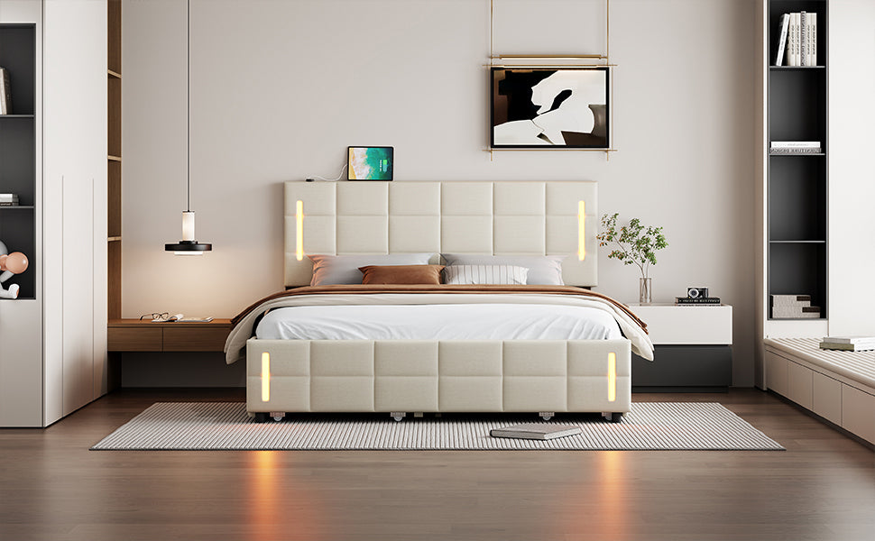 Queen Size Upholstered Platform Bed with Trundle and Drawers, Beige