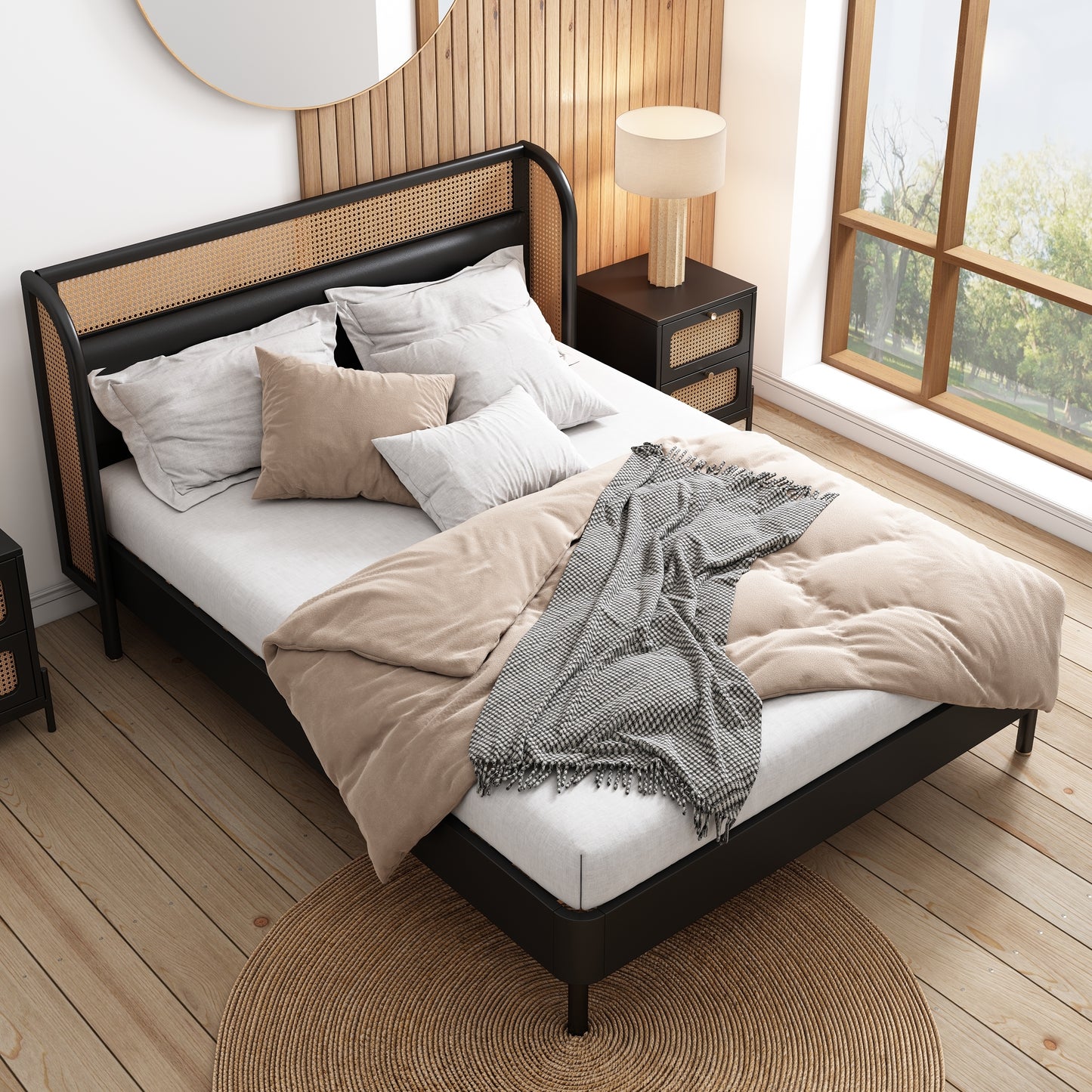4 Pieces Modern Cannage Rattan Platform Queen Bed + Nightstand*2+ Dresser, Black