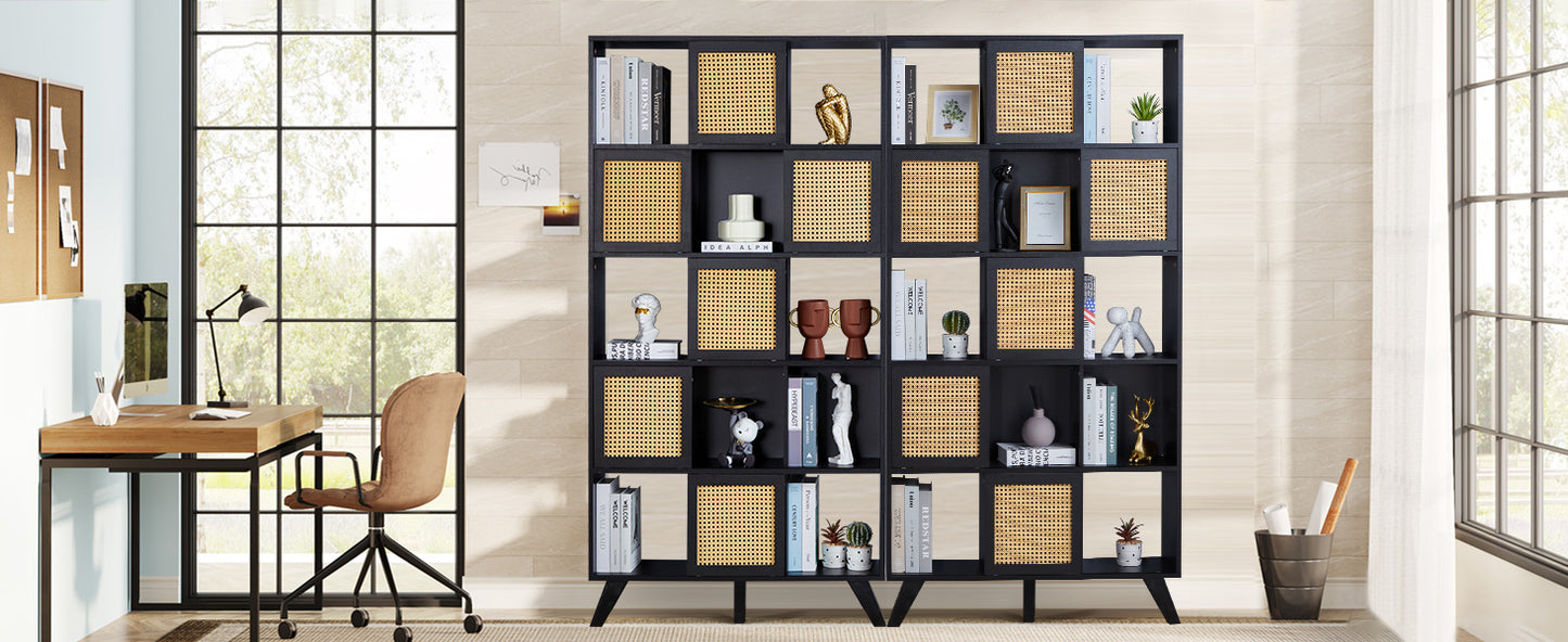 5 Tier Bookcase with Rattan Doors, 71" Shelf Rattan Boho Wood Shelves Large Bookshelves Farmhouse Bookcases Book Case for Bedroom, Living Room, Office (Black)