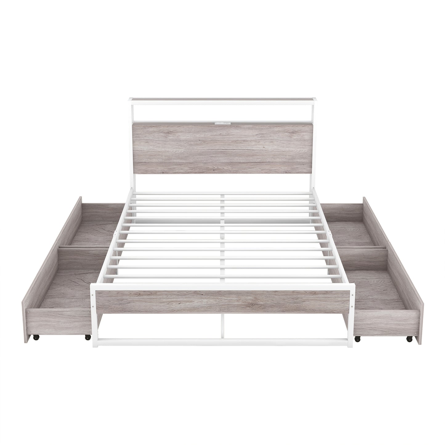 Full Size Metal Platform Bed Frame with Four Drawers,Sockets and USB Ports ,Slat Support No Box Spring Needed White