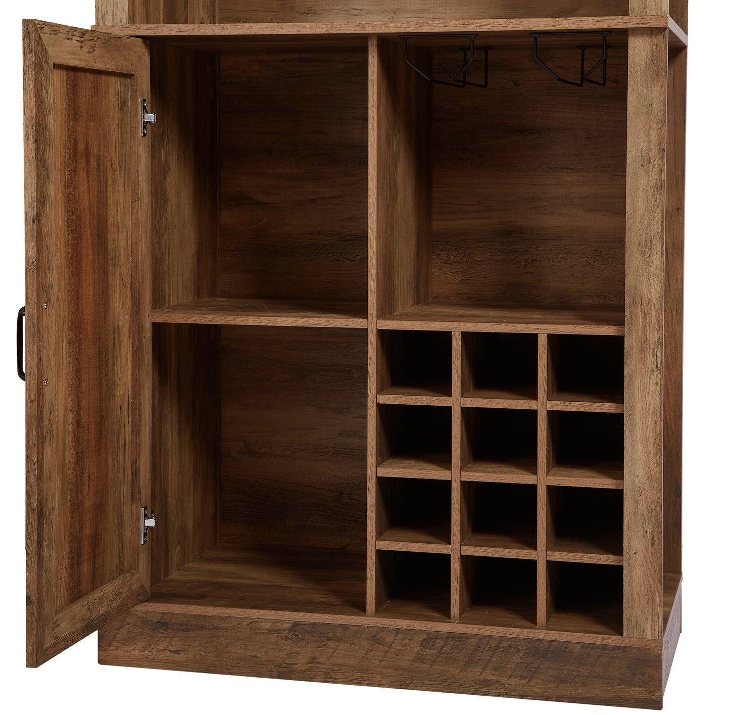 76-Inch Tall Rustic Oak Color Farmhouse Kitchen Faux Rattan Wine Cabinet, Kitchen Bar Cabinet with Square Compartments , Large Wooden Faux Rattan Storage Cabinet with Barn Doors and Microwave Shelves