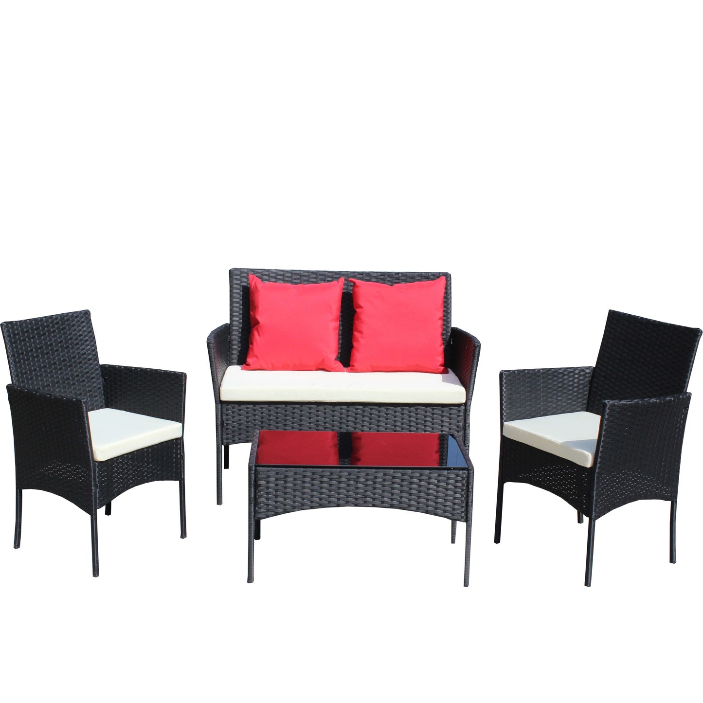 4 PC Rattan Patio Furniture Set Outdoor Patio Cushioned Seat Wicker Sofa (Beige Cushion)
