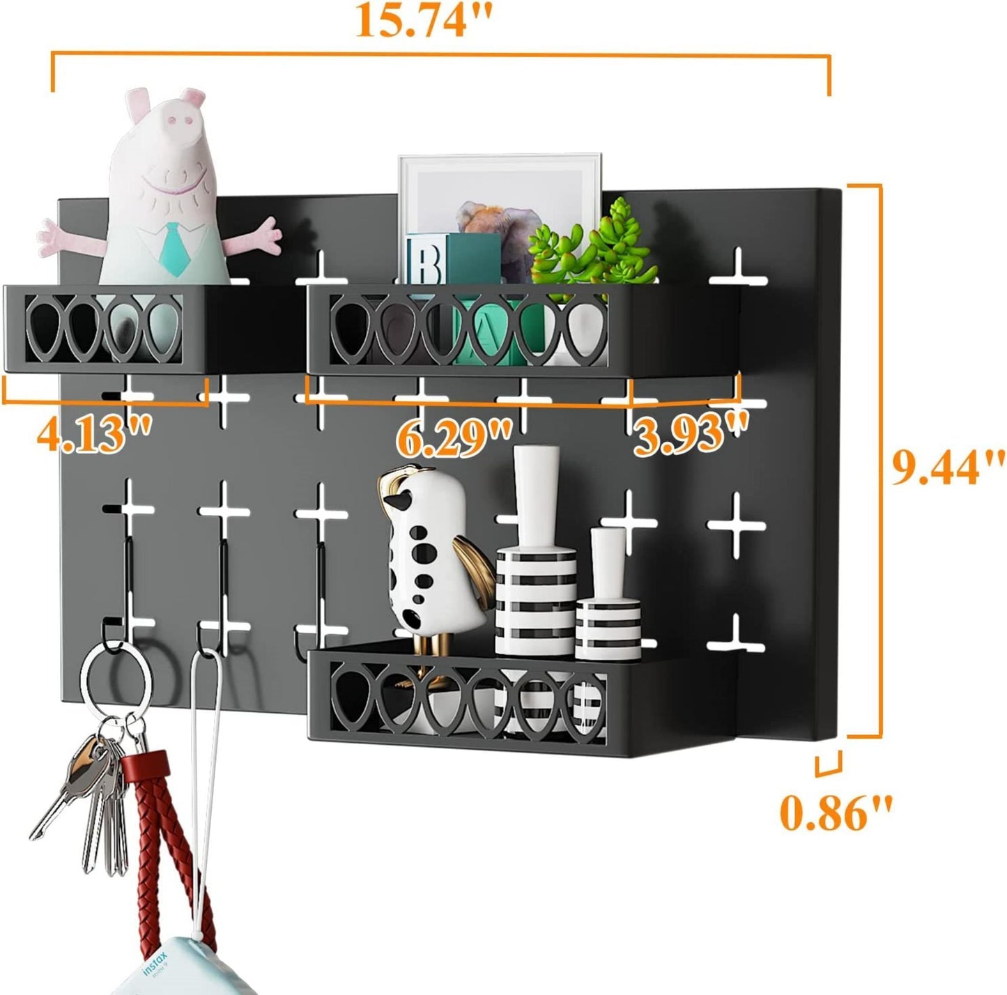 Metal Key Hooks with 3 Adjustable Baskets and 3 Hooks, Pegboards for wall Organizer