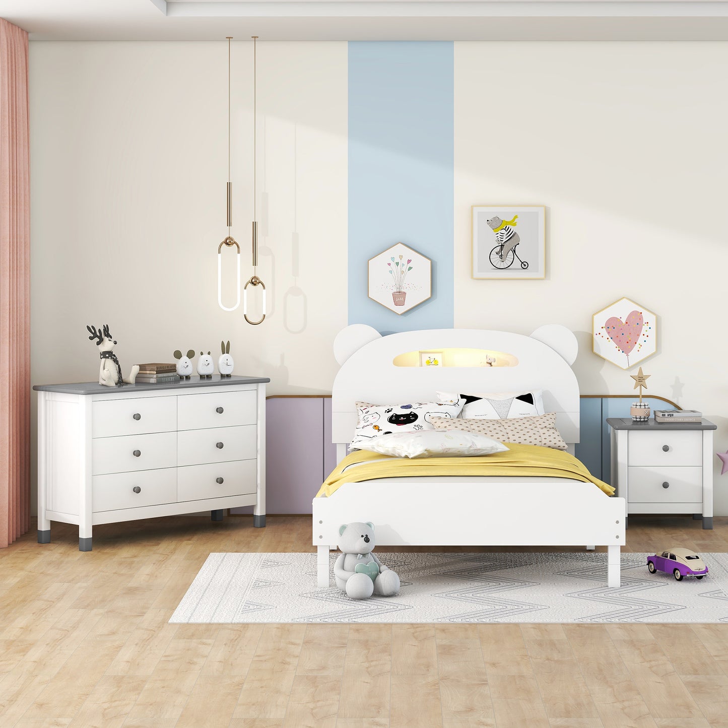 3-Pieces Bedroom Sets Twin Size Bear-Shape Platform Bed with Nightstand and Storage dresser,White+Gray