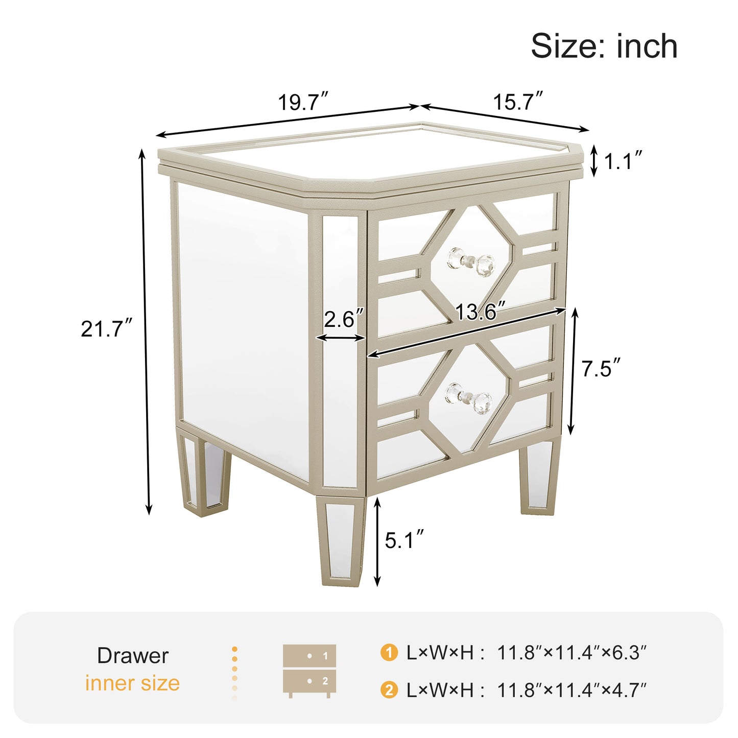 Elegant Mirrored 2-Drawer Side Table with Golden Lines for Living Room, Hallway, Entryway