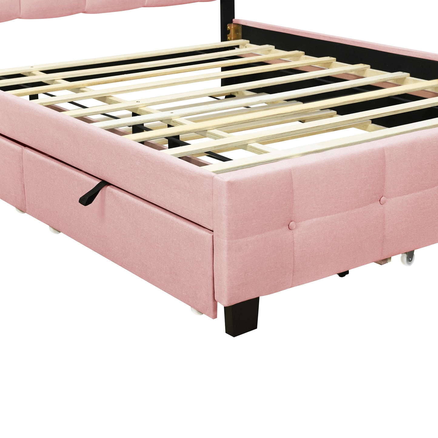Queen Size Upholstered Platform Bed with LED Frame, with Twin XL Size Trundle and 2 drawers, Linen Fabric, Pink