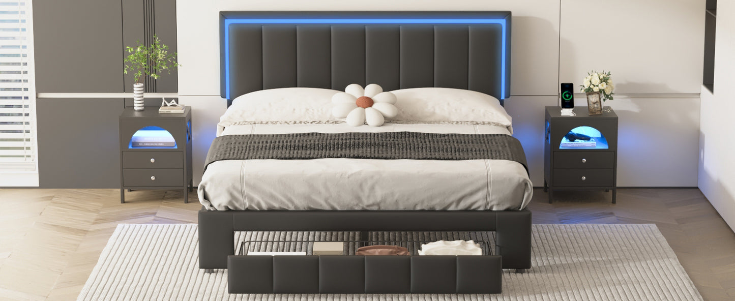 3-Pieces Bedroom Sets,Queen Size Upholstered Bed with LED Lights and Motion Activated Night Lights,Two Nightstands with USB Charging Station and LED lights,Black