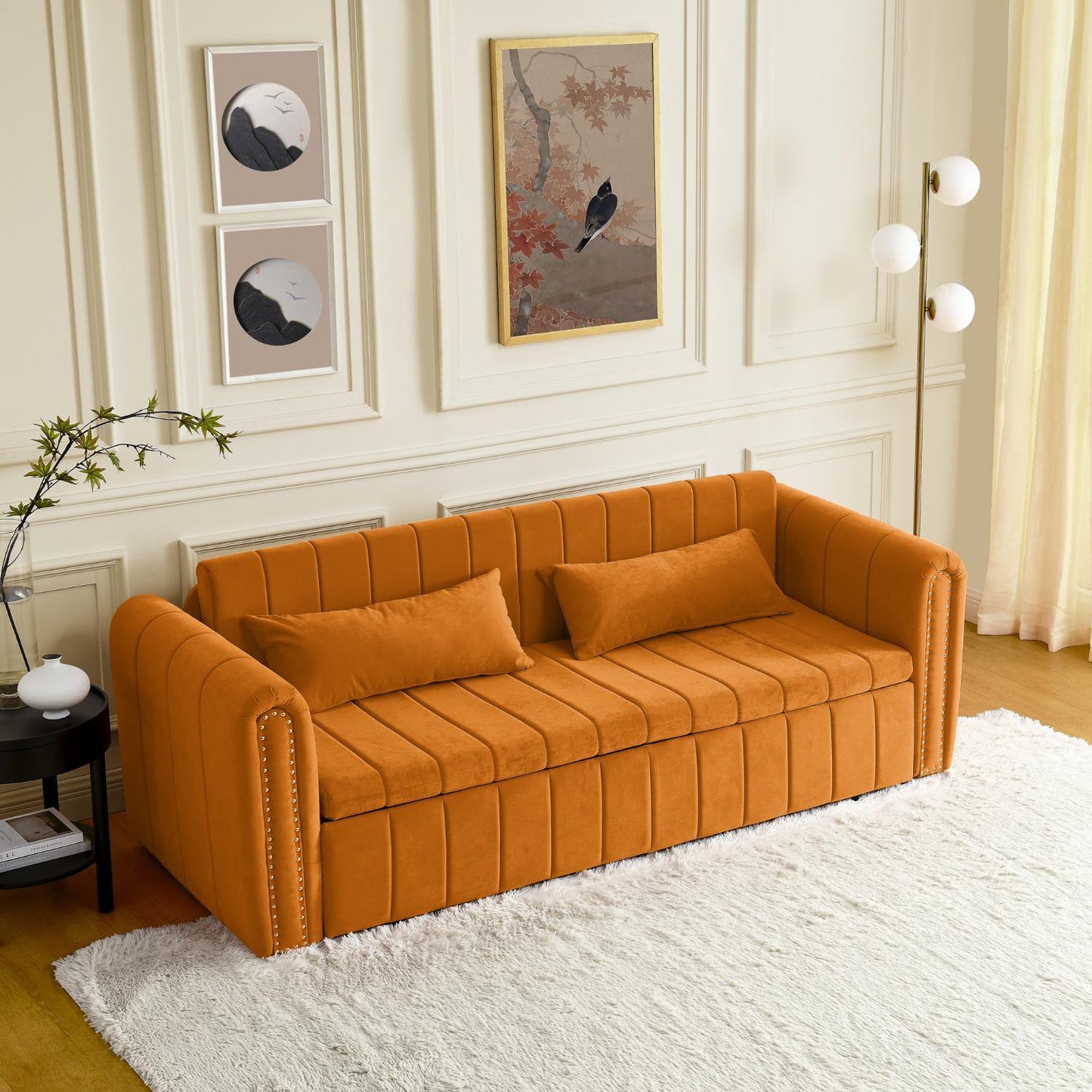 Ucloveria 3-in-1 Pull Out Bed Sleeper, Modern Upholstered 3 Seater Lounge Sofa and Couch with Roll Up Armrests, Convertible Futon 3 Seater Sofa Bed with Two Drawers and Two Pillows