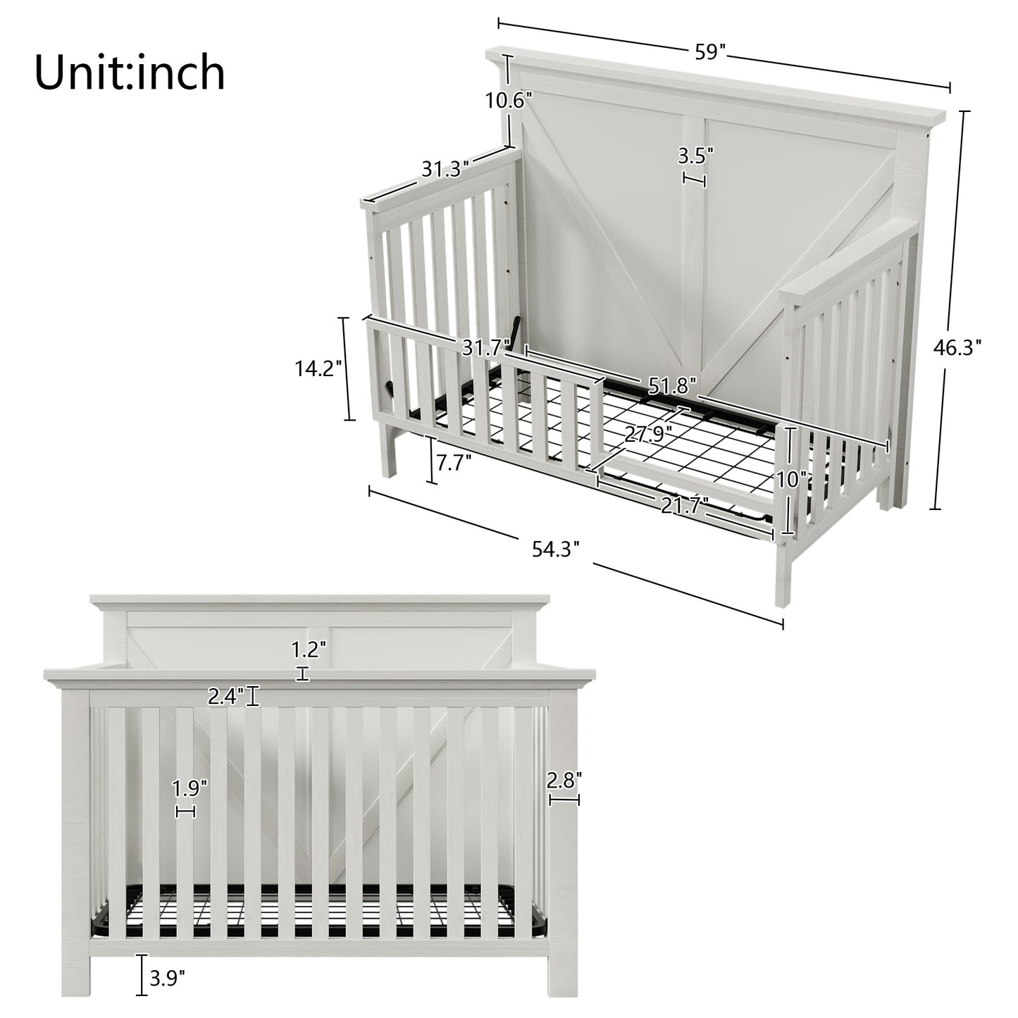 Rustic Farmhouse Style 3 Pieces Nursery Sets Whitewash Baby Crib and Changer Dreeser with Removable Changing Tray Bedroom Sets White