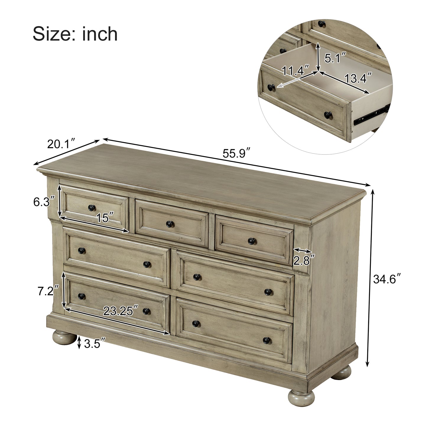 Solid Wood Seven-Drawer Dresser with Changing Topper for Nursery, Kid's Room, Bedroom, Stone Gray