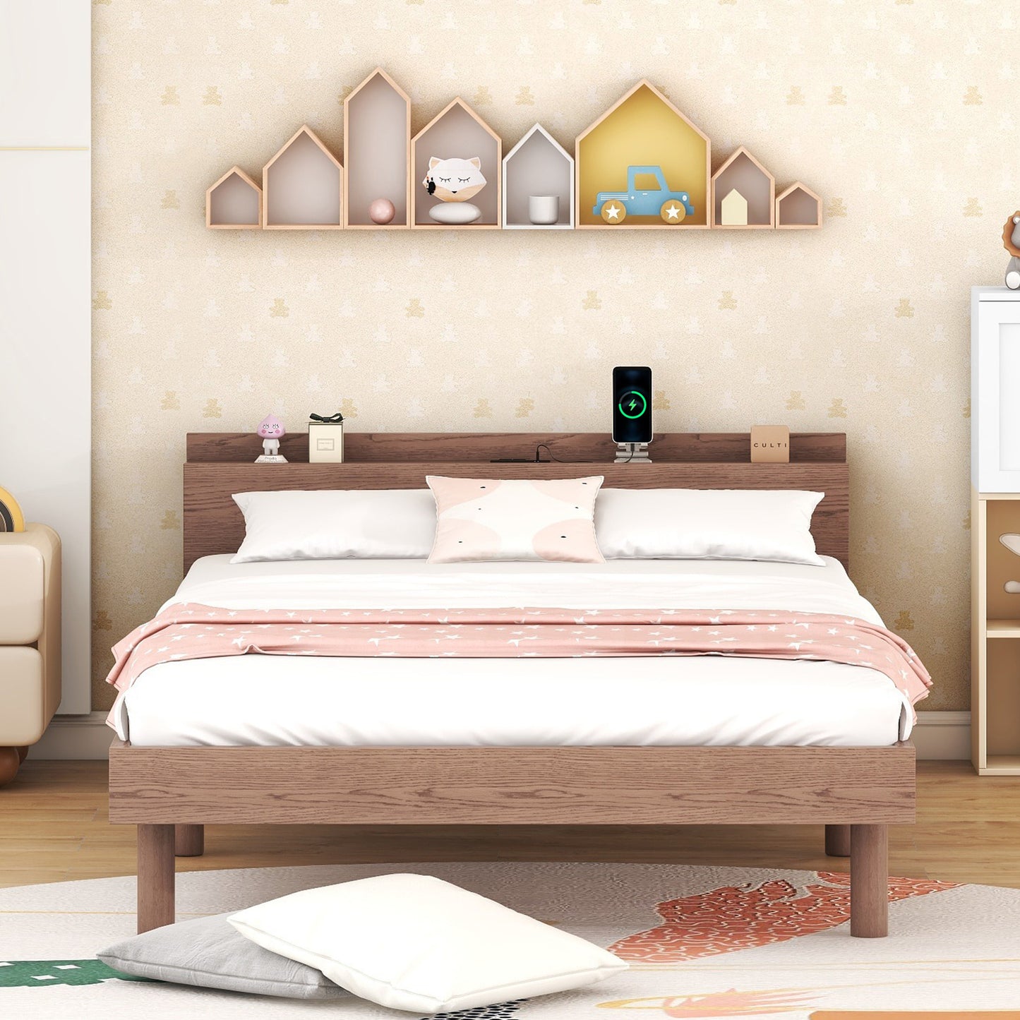 Modern Design Twin Size Platform Bed Frame with Headboard for Walnut Color