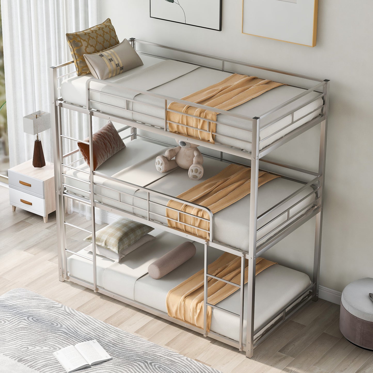 Metal Twin Size Triple Bunk Bed, Silver