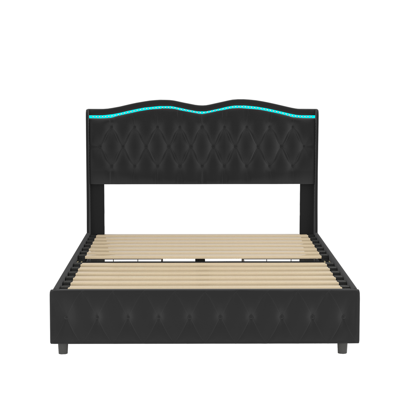Queen Platform Bed Frame , Velvet Upholstered Bed with Deep Tufted Buttons and Nailhead Trim, Adjustable Colorful LED Light Decorative Headboard, Bed Sides with Pull-Out Storage 4 Drawers, Black