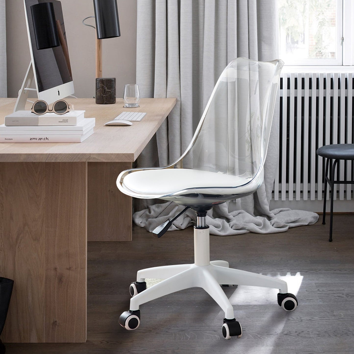 Modern Home Office Desk Chairs, Adjustable 360 °Swivel Chair Engineering Plastic Armless Swivel Computer Chair With Wheels for Living Room, Bed Room Office Hotel Dining Room and Transparent Color