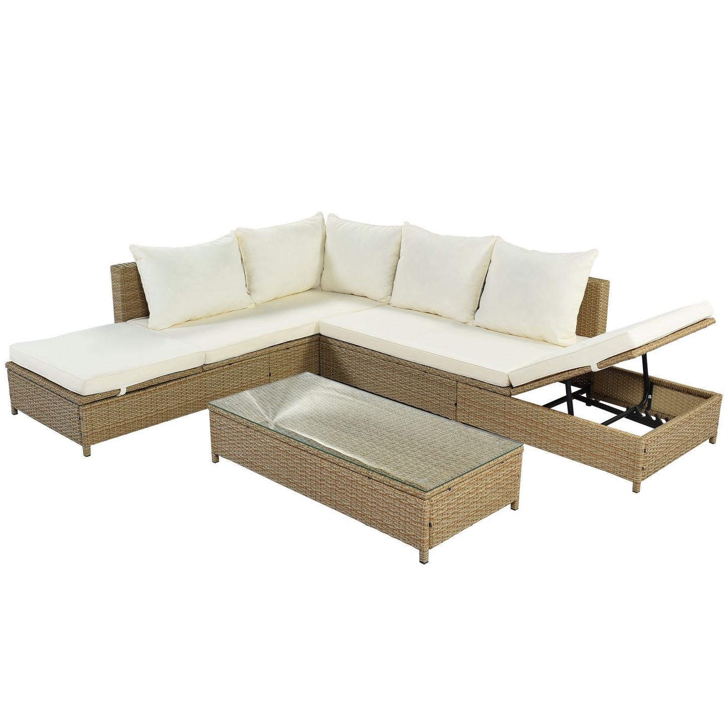 TOPMAX Patio 3-Piece Rattan Sofa Set All Weather PE Wicker Sectional Set with Adjustable Chaise Lounge Frame and Tempered Glass Table, Natural Brown